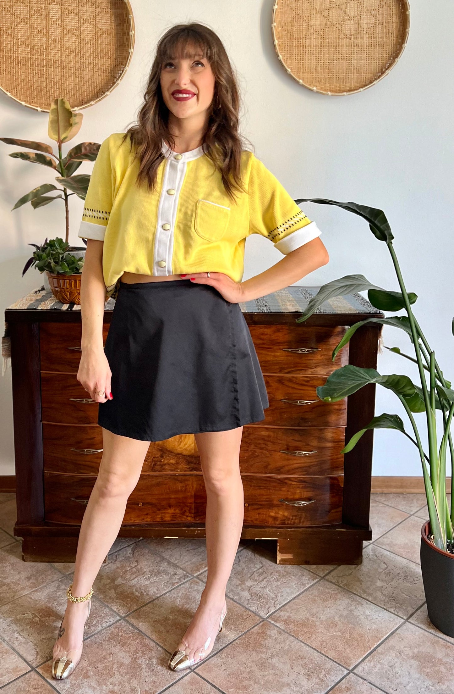 1990's vintage black satin mini wrap skirt
