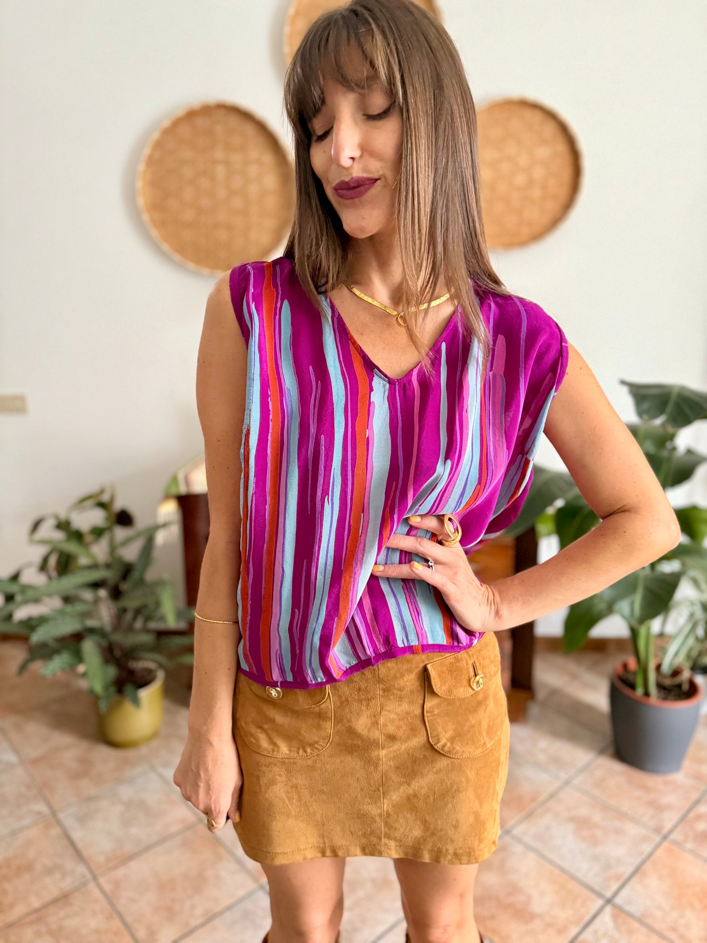 1970's vintage turquoise, pink and fuchsia abstract stripe silk blouse
