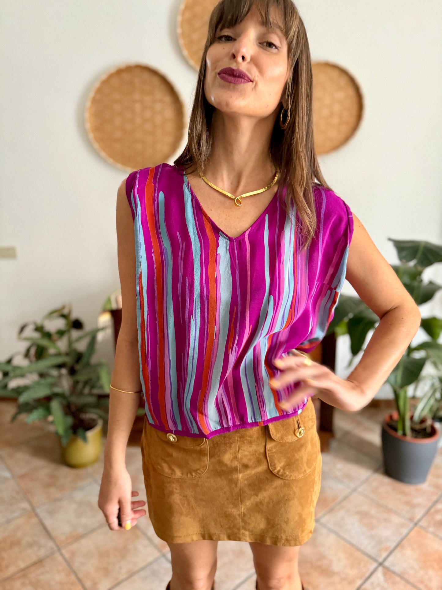 1970's vintage turquoise, pink and fuchsia abstract stripe silk blouse