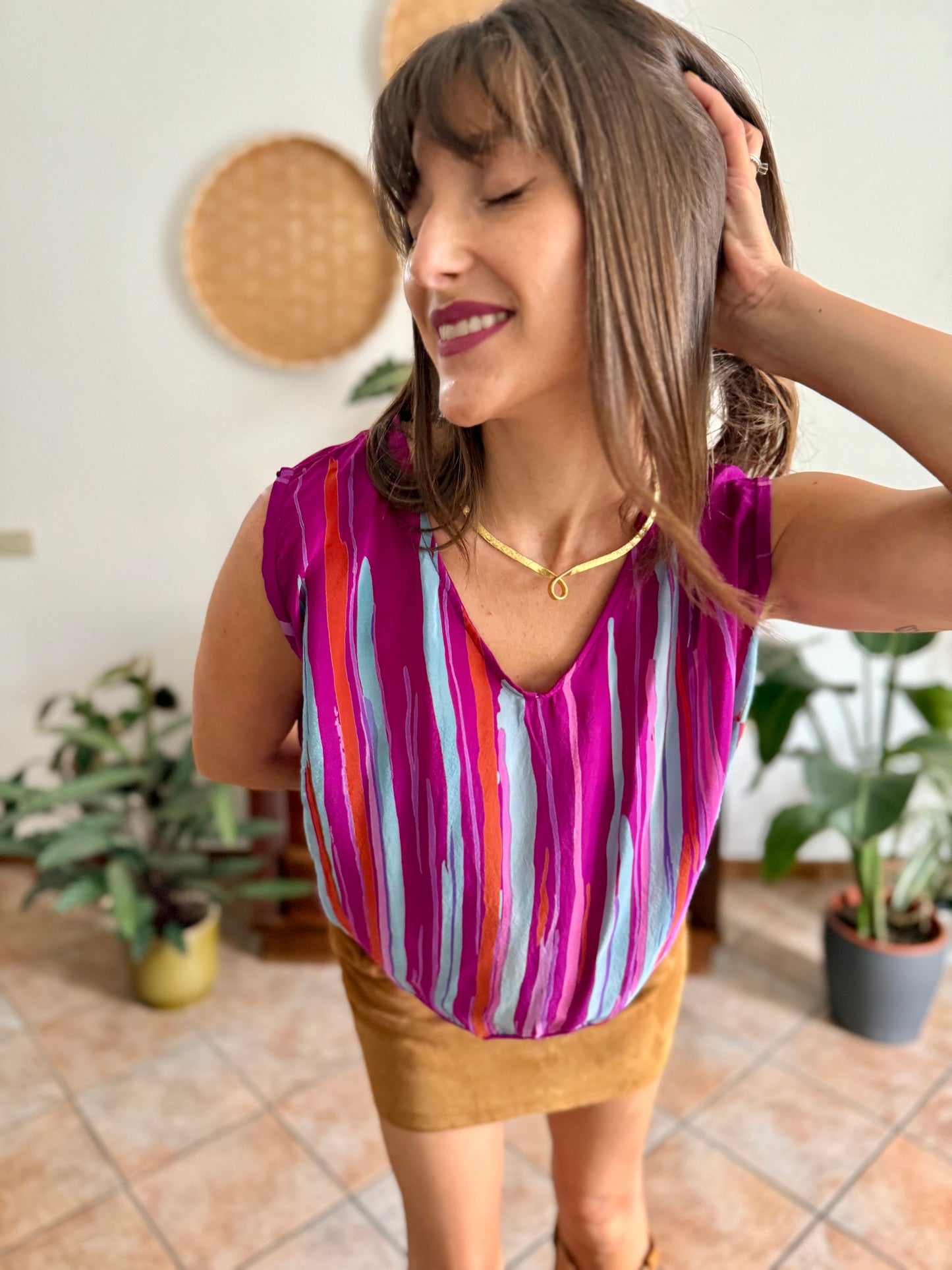 1970's vintage turquoise, pink and fuchsia abstract stripe silk blouse