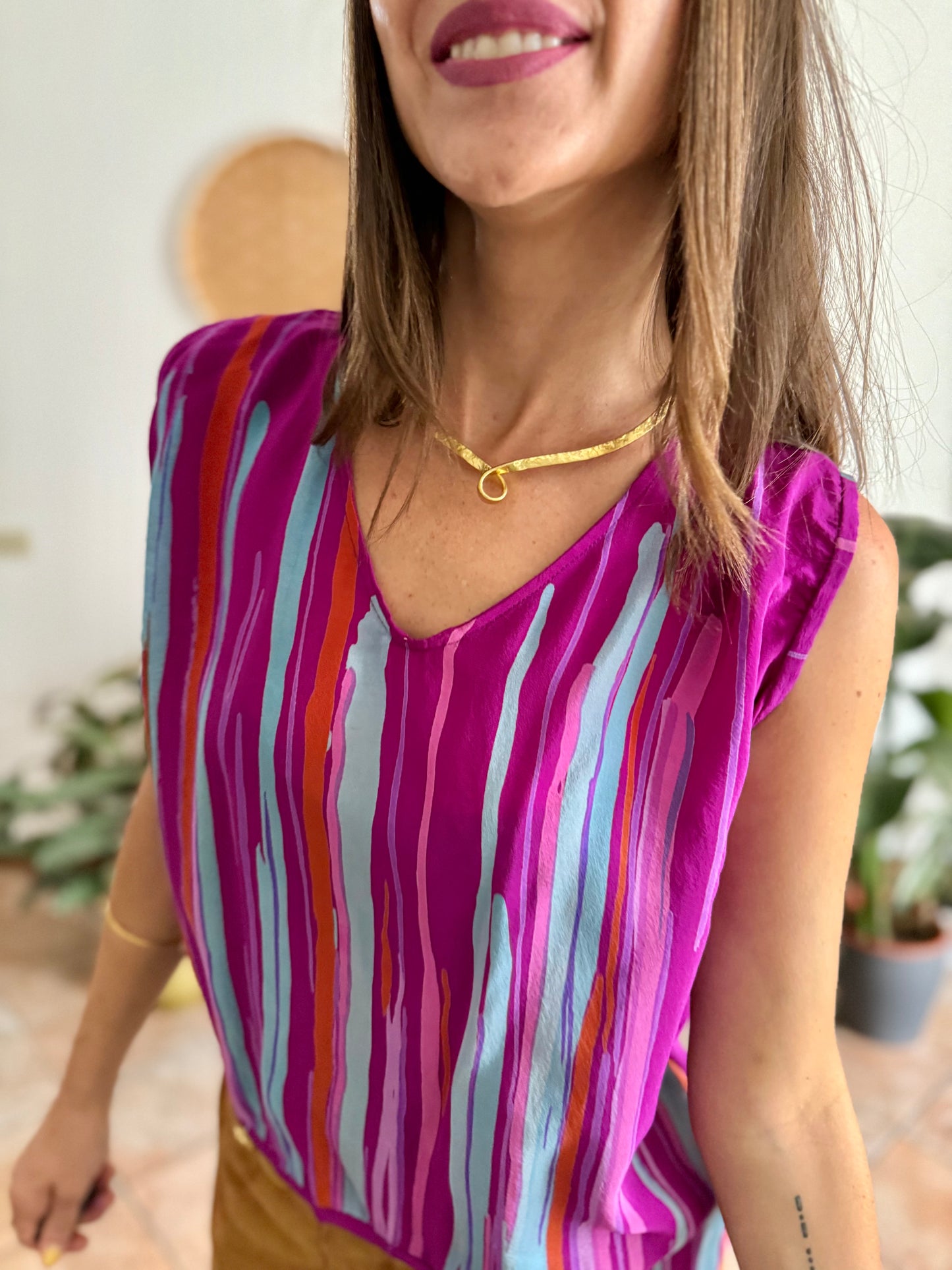 1970's vintage turquoise, pink and fuchsia abstract stripe silk blouse