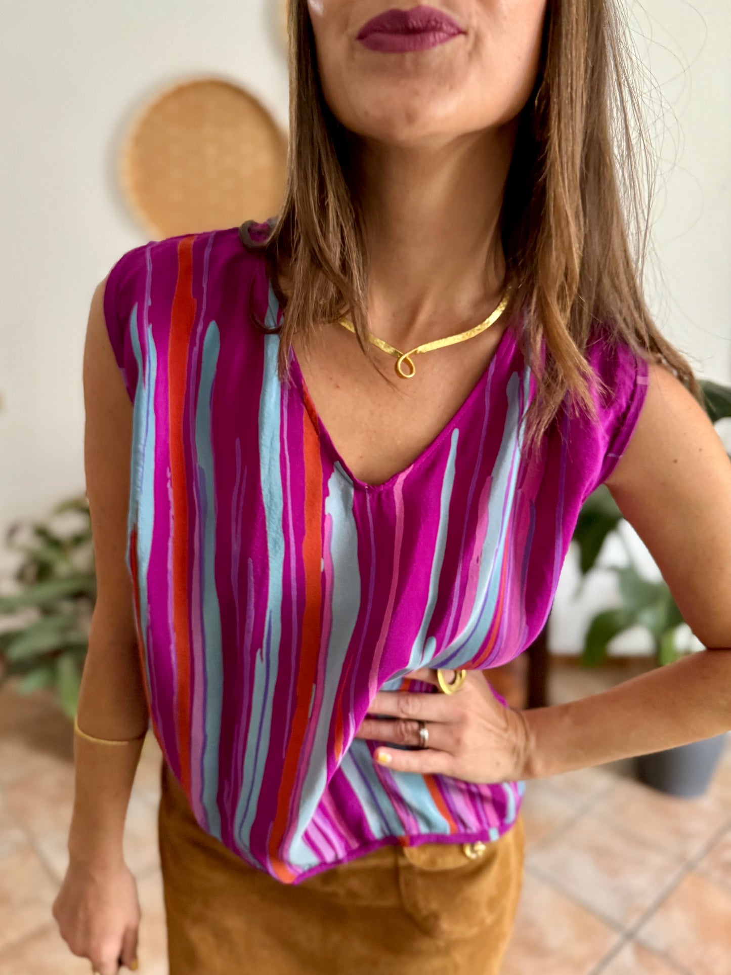 1970's vintage turquoise, pink and fuchsia abstract stripe silk blouse