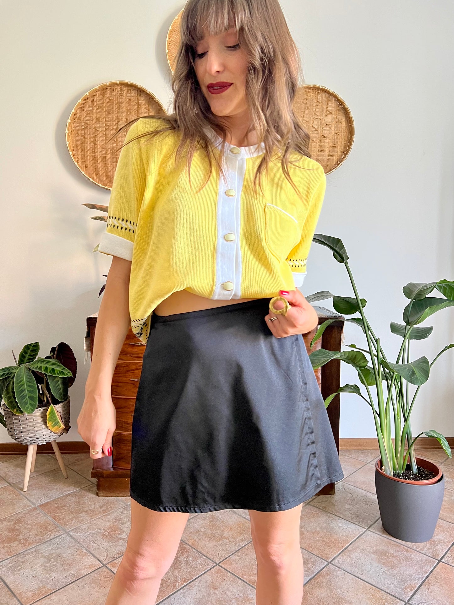 1990's vintage black satin mini wrap skirt
