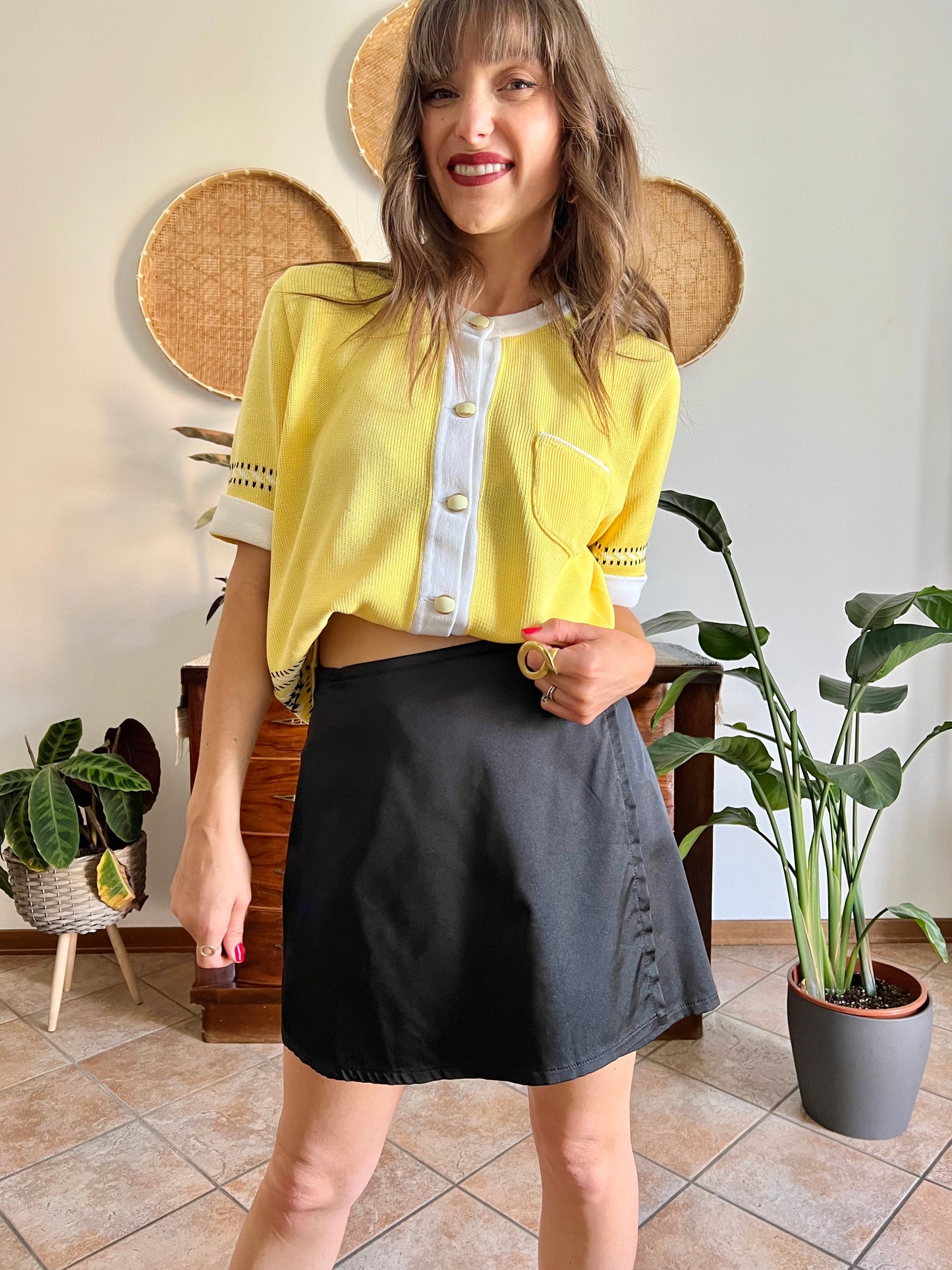 1990's vintage black satin mini wrap skirt
