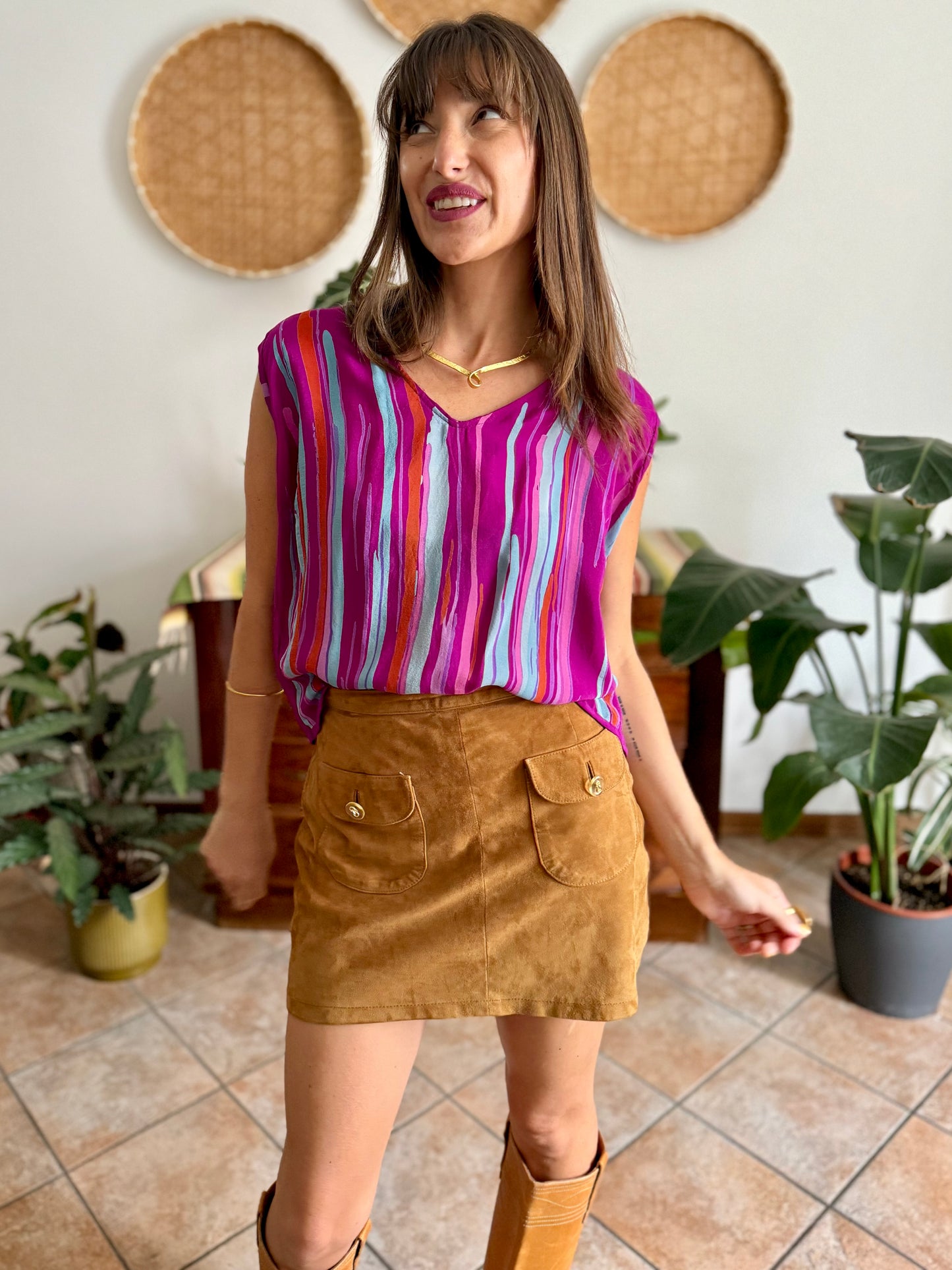 1970's vintage turquoise, pink and fuchsia abstract stripe silk blouse