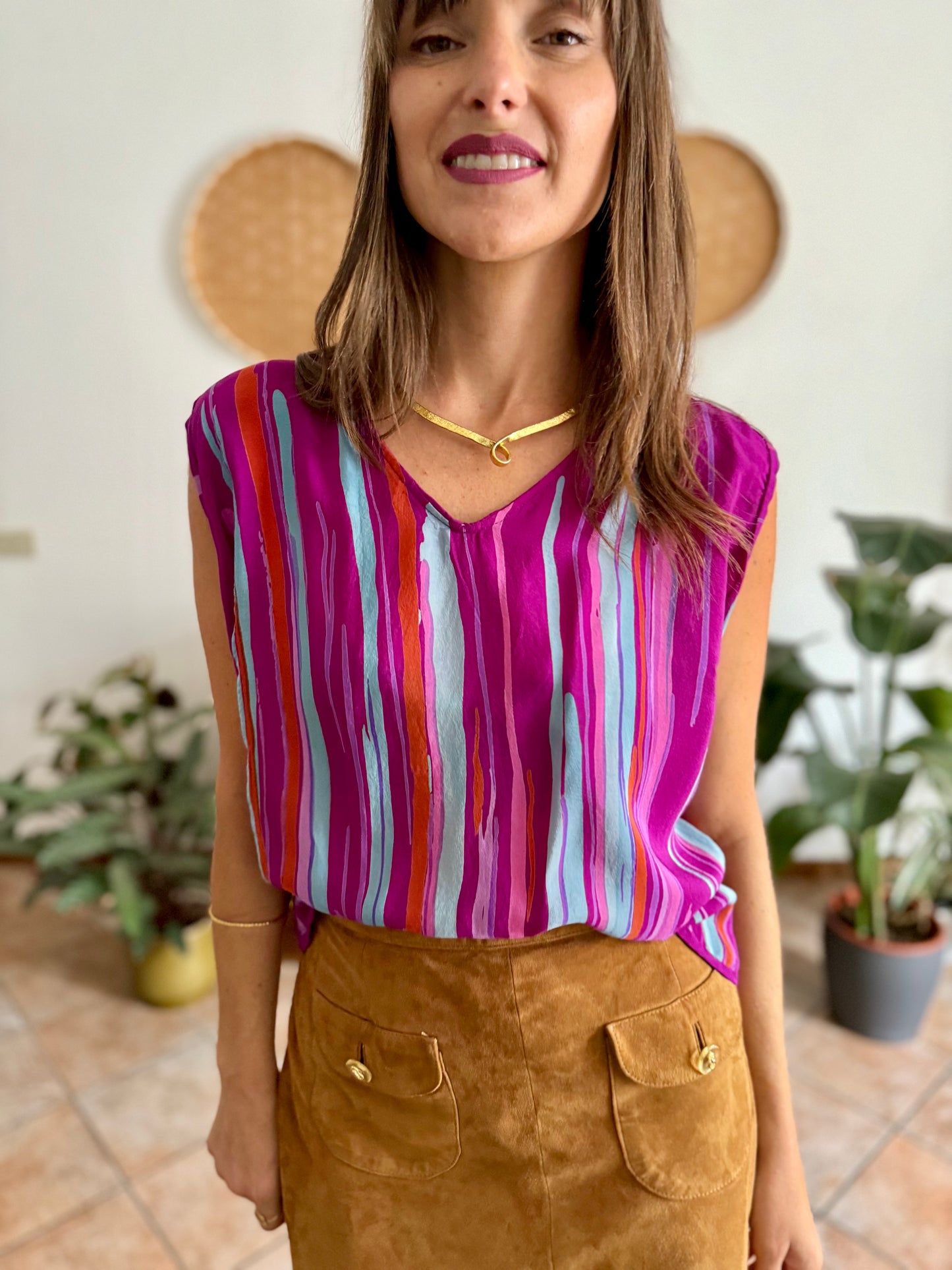 1970's vintage turquoise, pink and fuchsia abstract stripe silk blouse