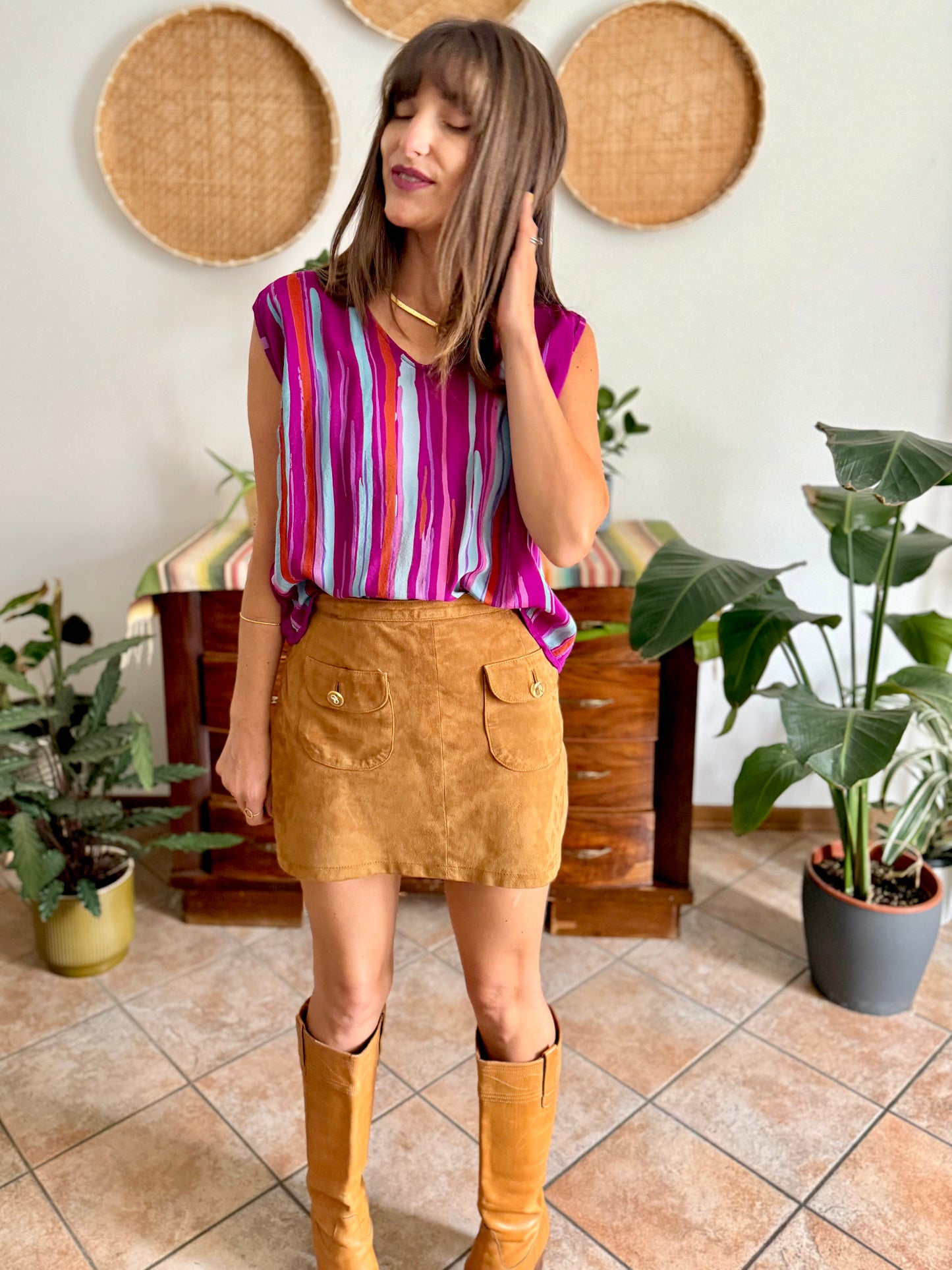 1970's vintage turquoise, pink and fuchsia abstract stripe silk blouse