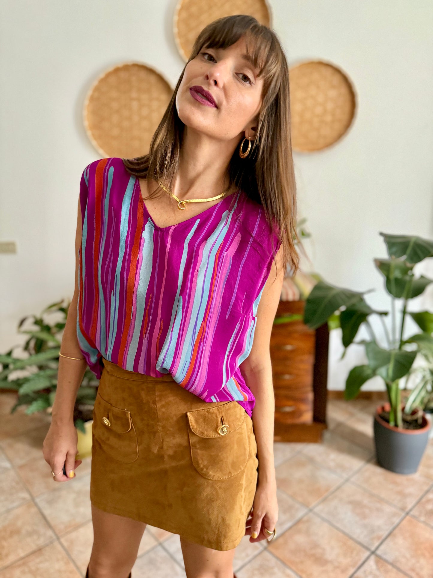1970's vintage turquoise, pink and fuchsia abstract stripe silk blouse