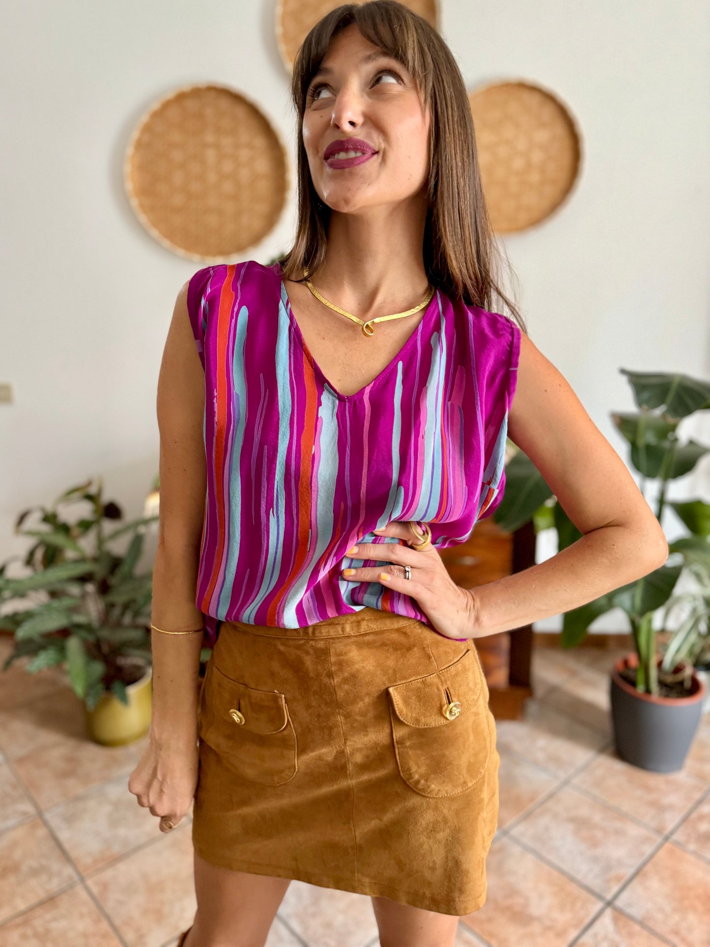 1970's vintage turquoise, pink and fuchsia abstract stripe silk blouse