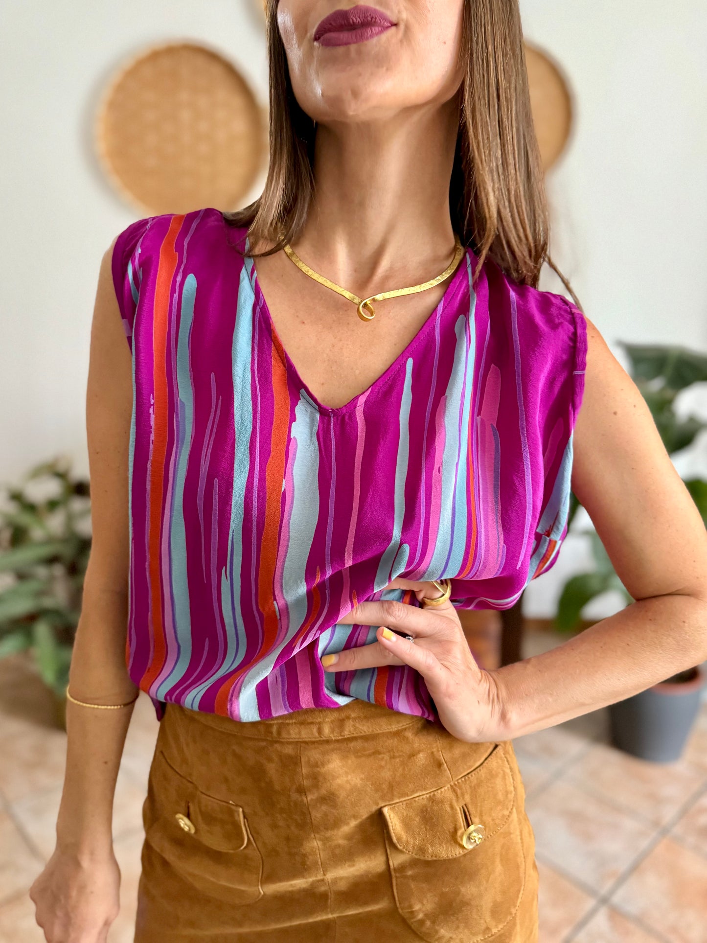 1970's vintage turquoise, pink and fuchsia abstract stripe silk blouse