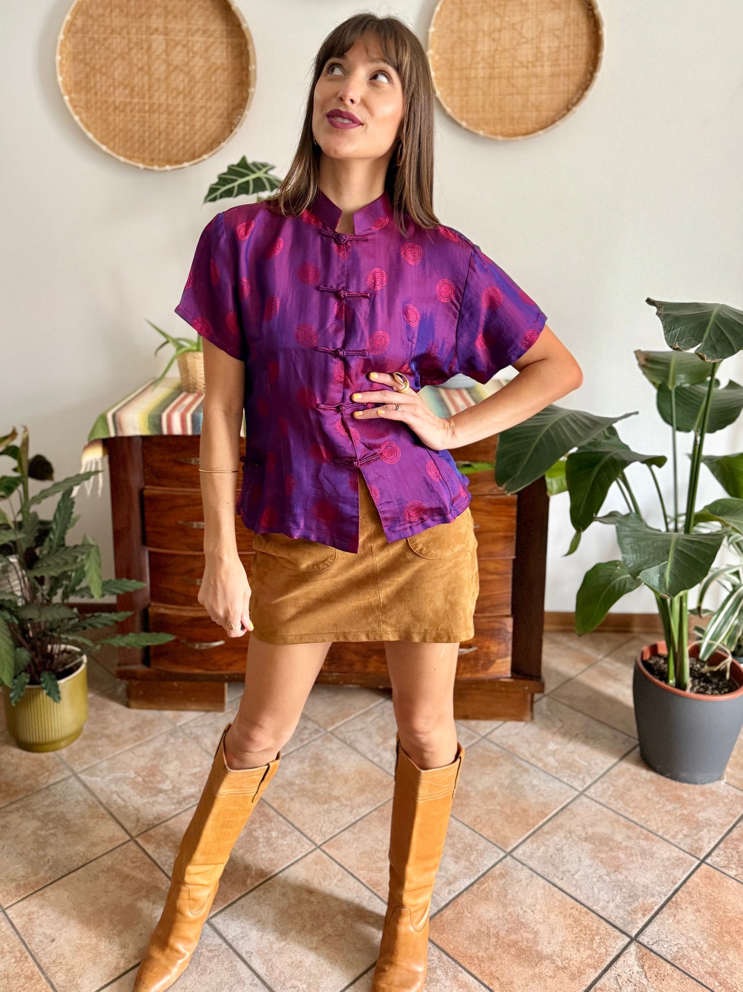 1990's vintage purple and fuchsia iridescent silk Vietnamese blouse