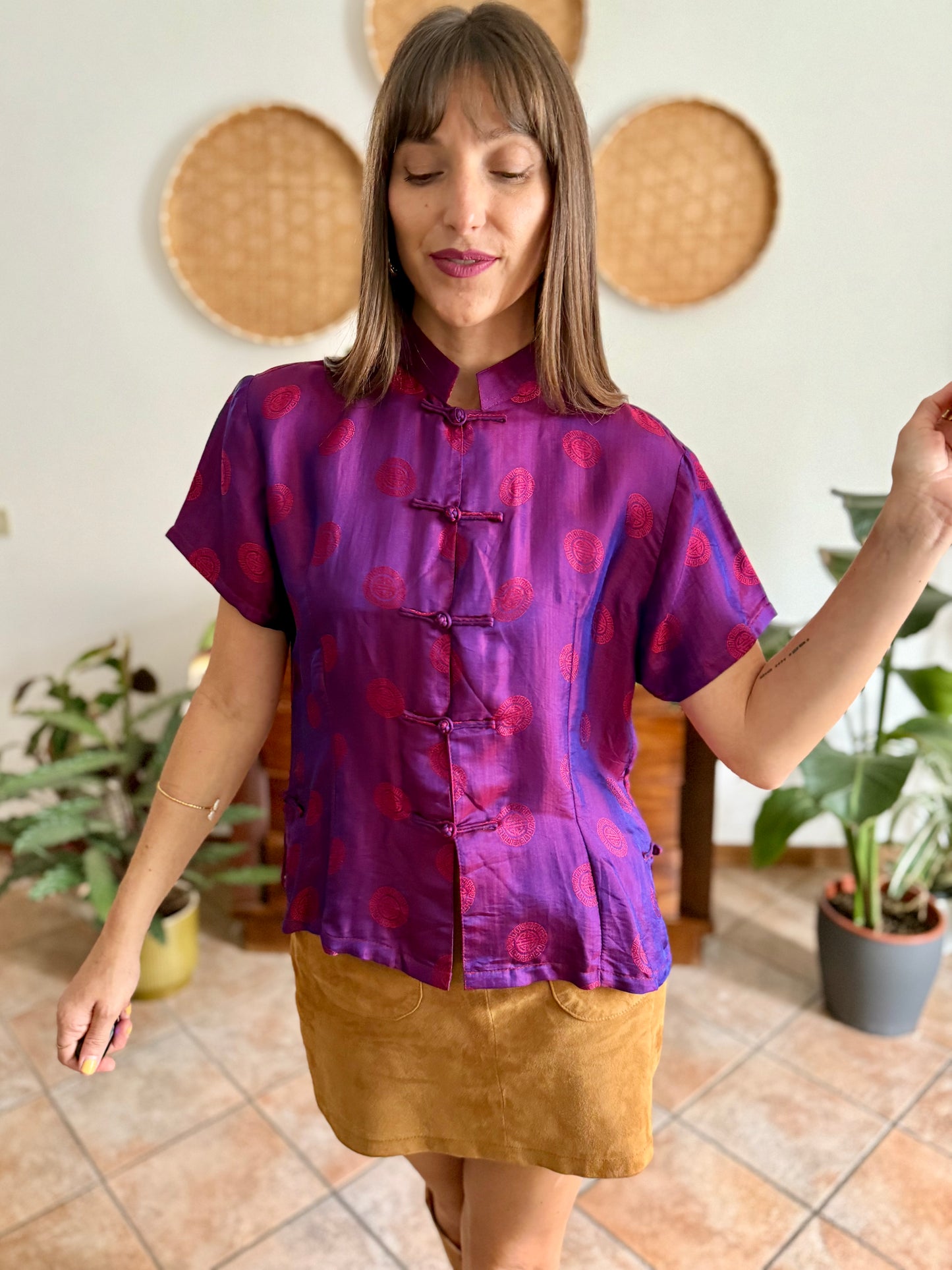 1990's vintage purple and fuchsia iridescent silk Vietnamese blouse
