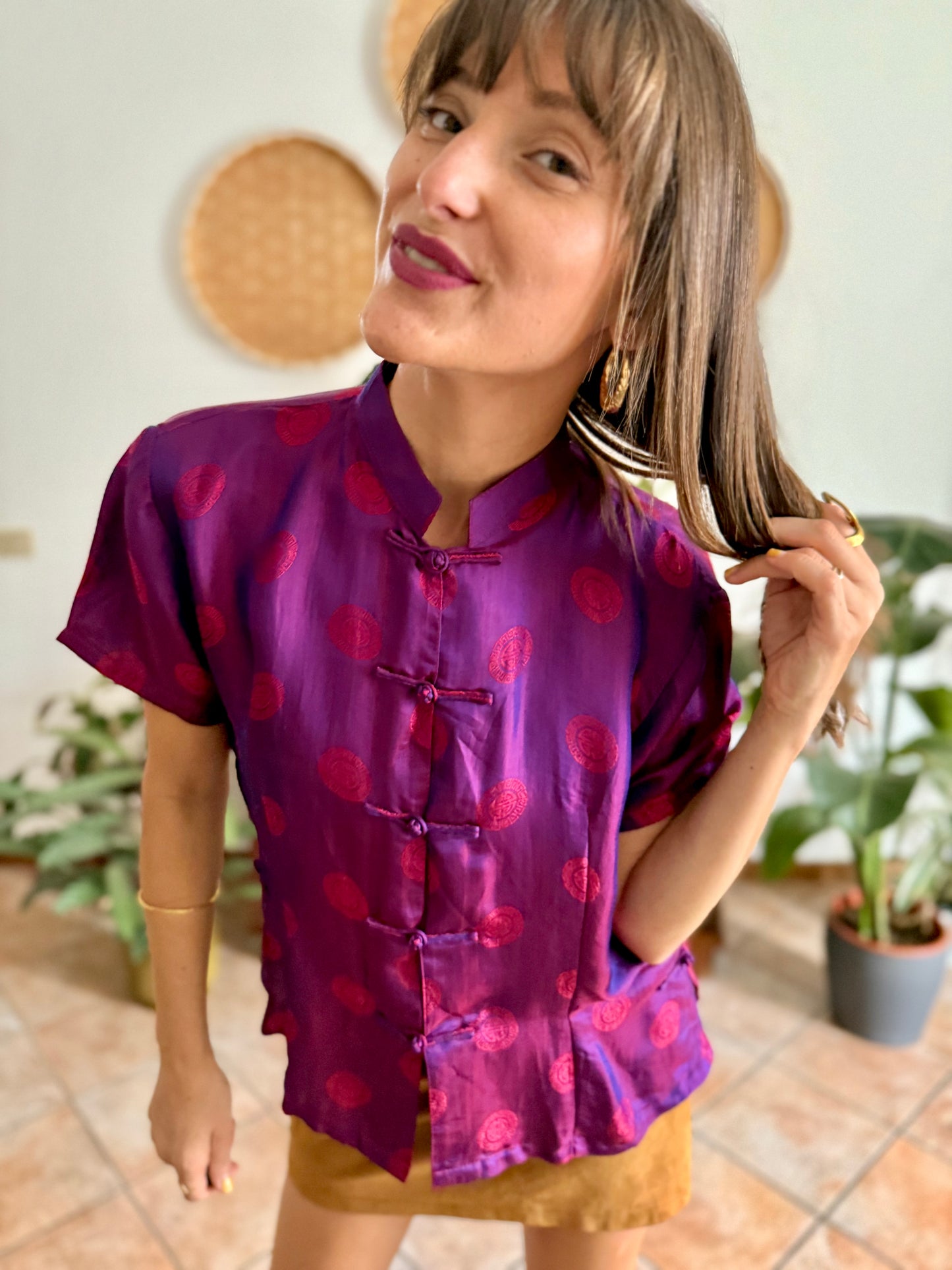 1990's vintage purple and fuchsia iridescent silk Vietnamese blouse