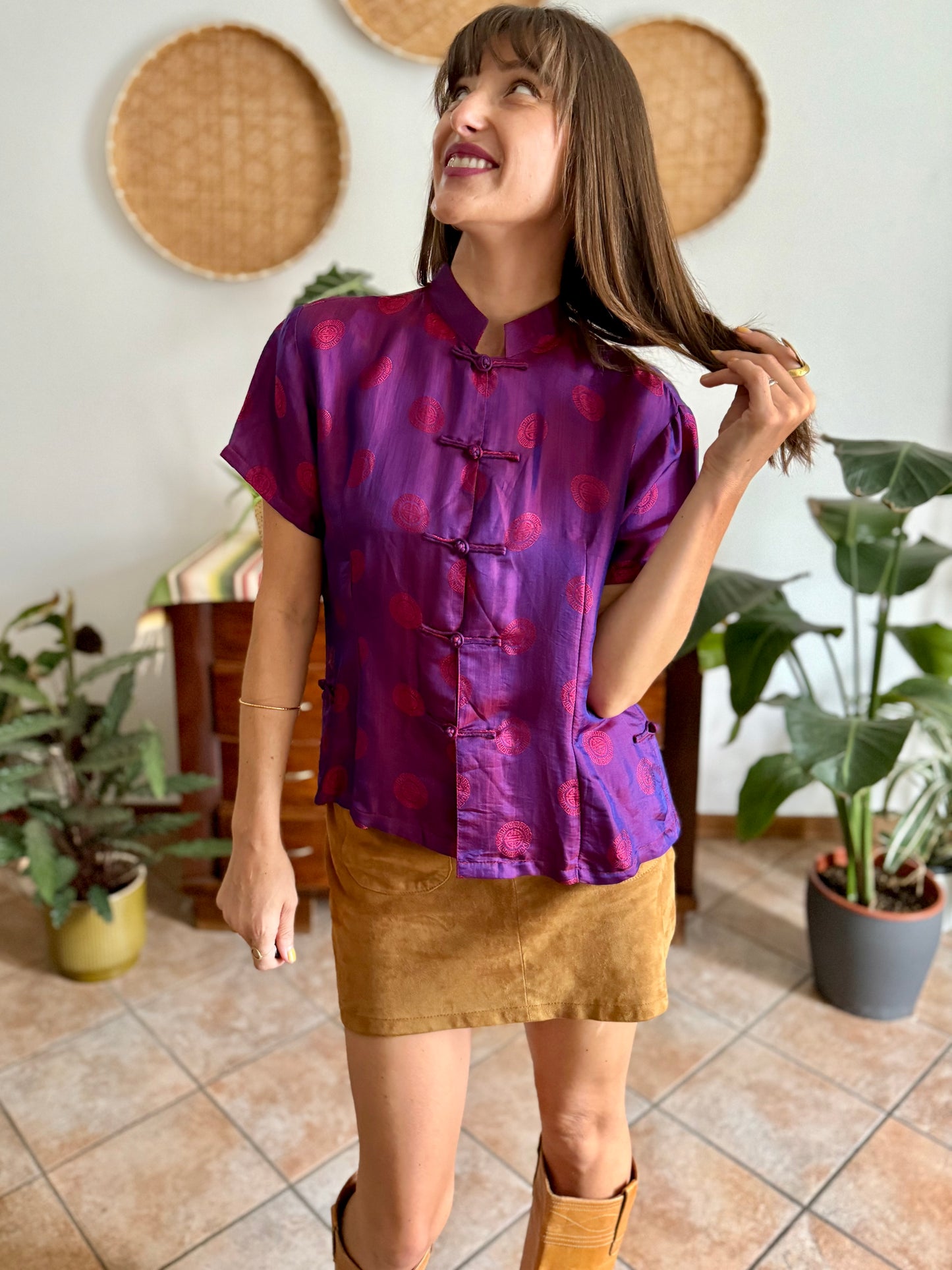 1990's vintage purple and fuchsia iridescent silk Vietnamese blouse