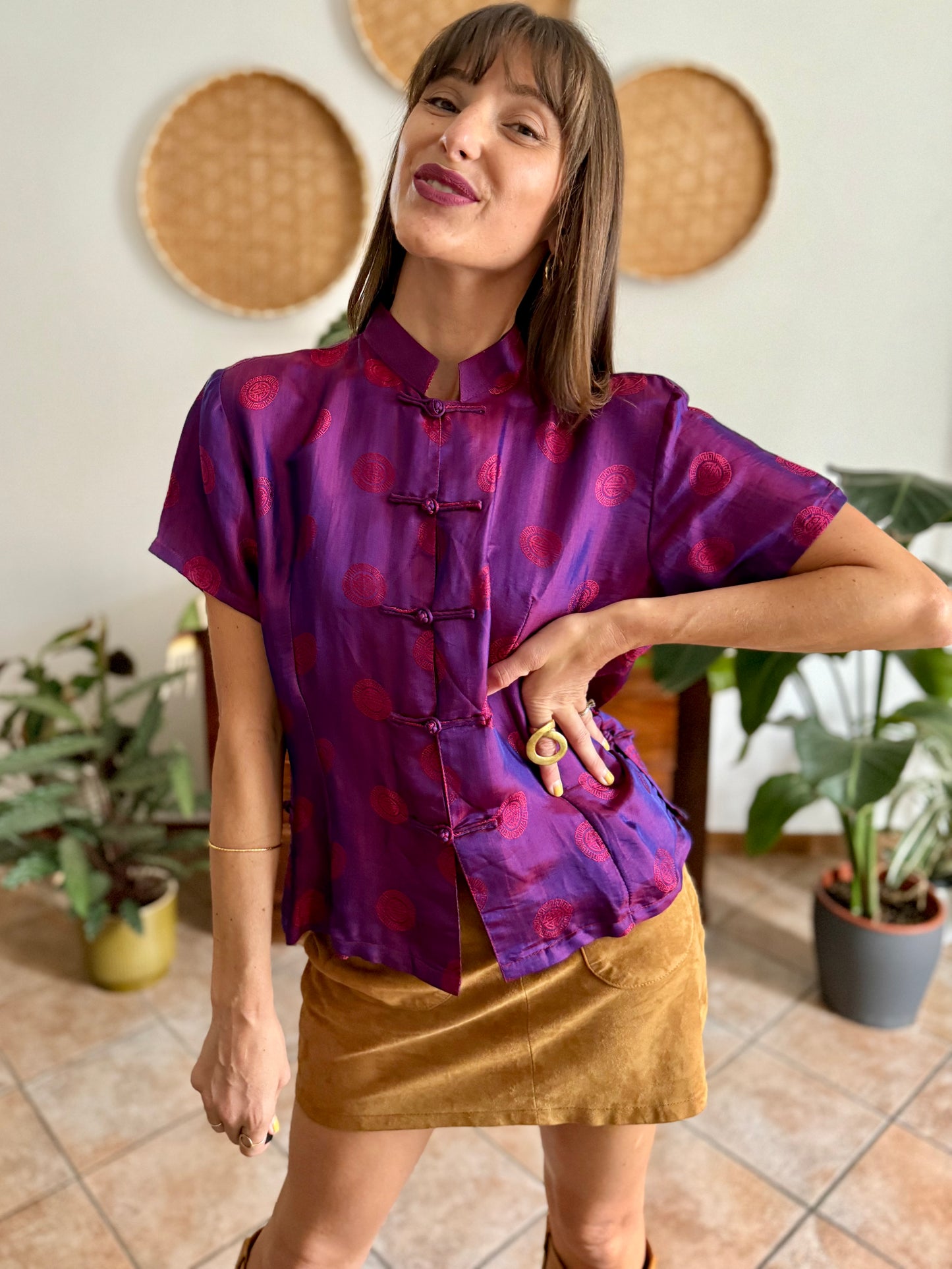 1990's vintage purple and fuchsia iridescent silk Vietnamese blouse