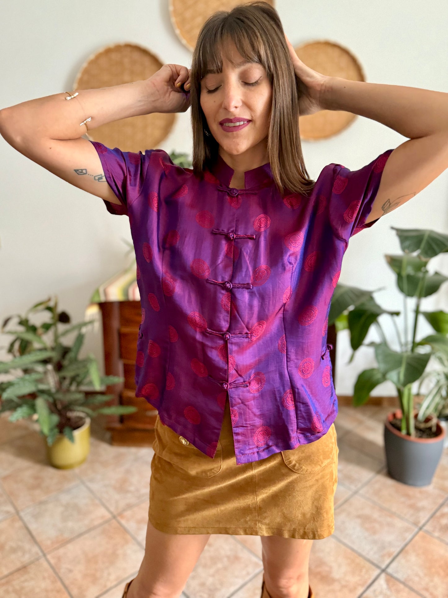 1990's vintage purple and fuchsia iridescent silk Vietnamese blouse