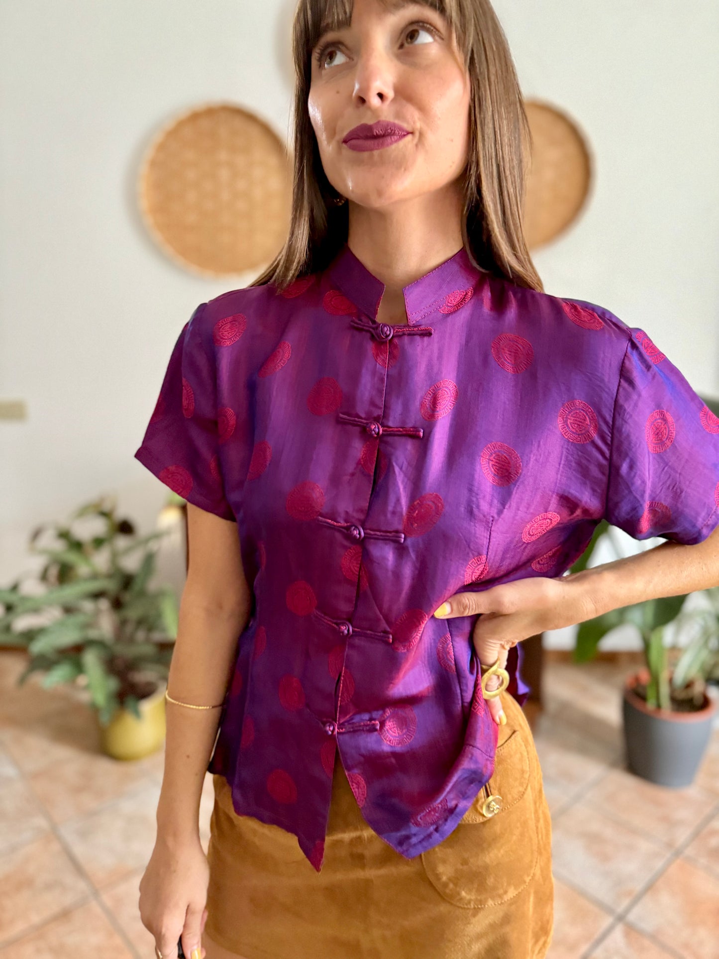 1990's vintage purple and fuchsia iridescent silk Vietnamese blouse