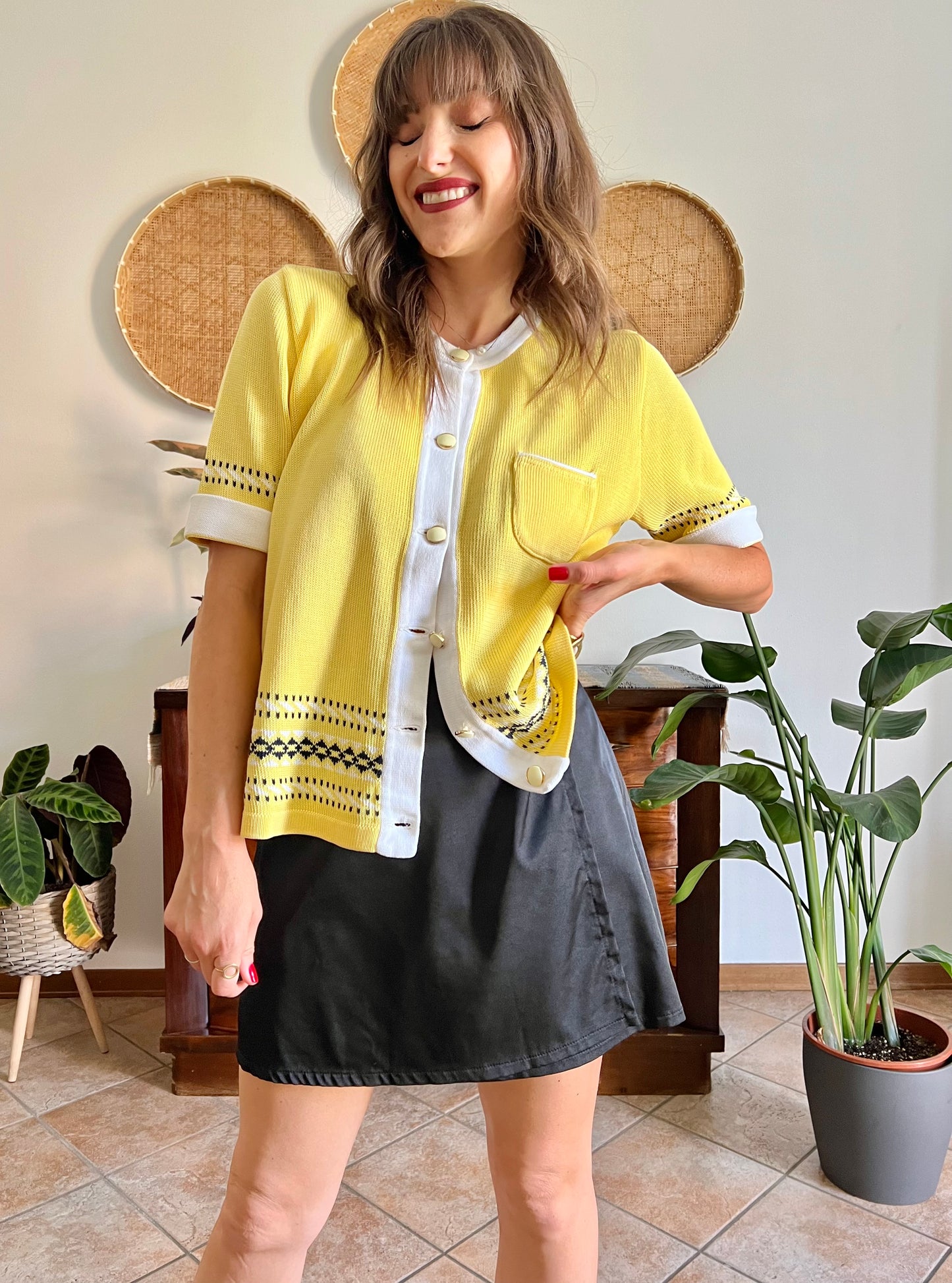 1980's vintage yellow short sleeve knit cardigan with black and white knit pattern