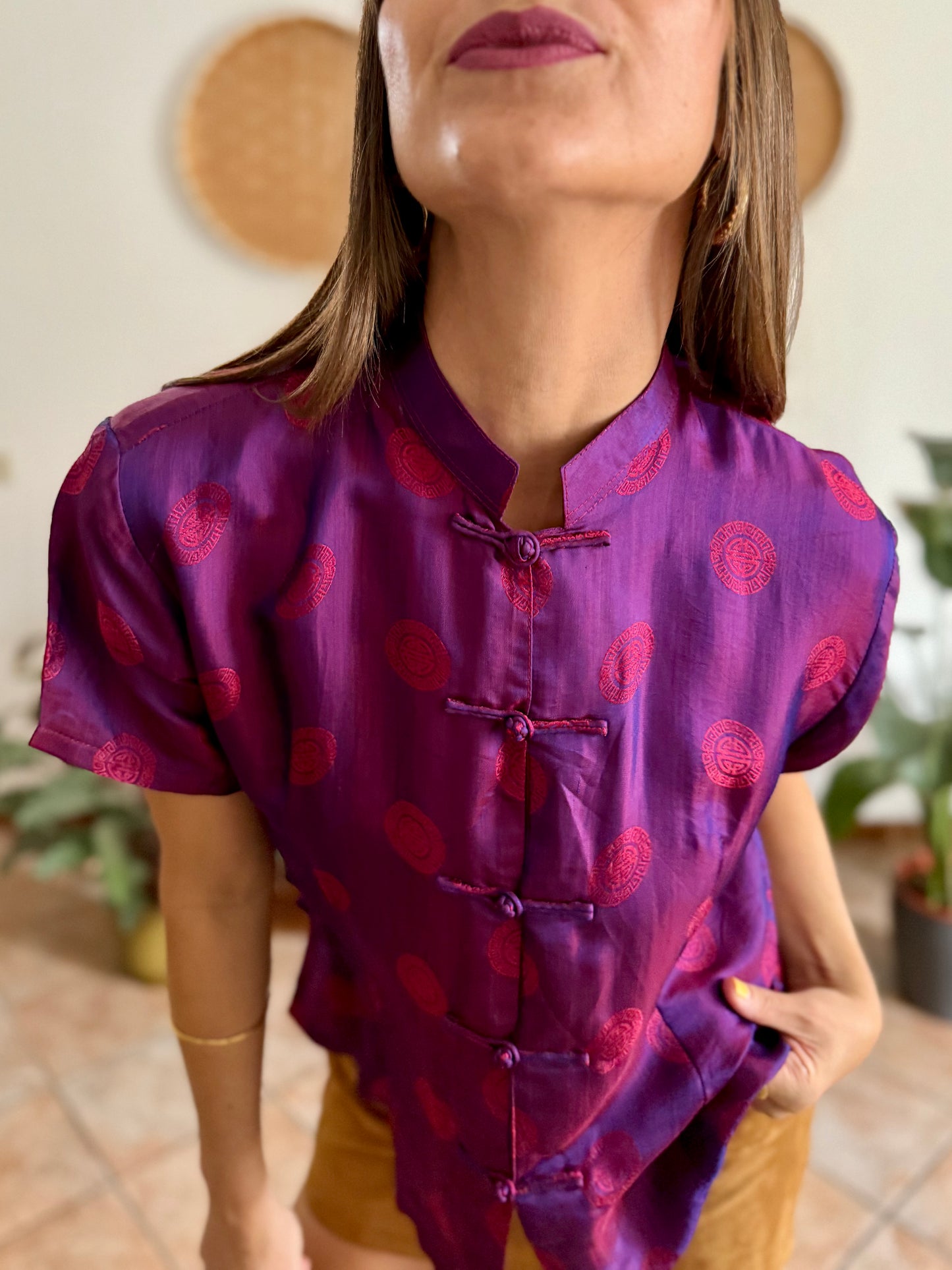 1990's vintage purple and fuchsia iridescent silk Vietnamese blouse