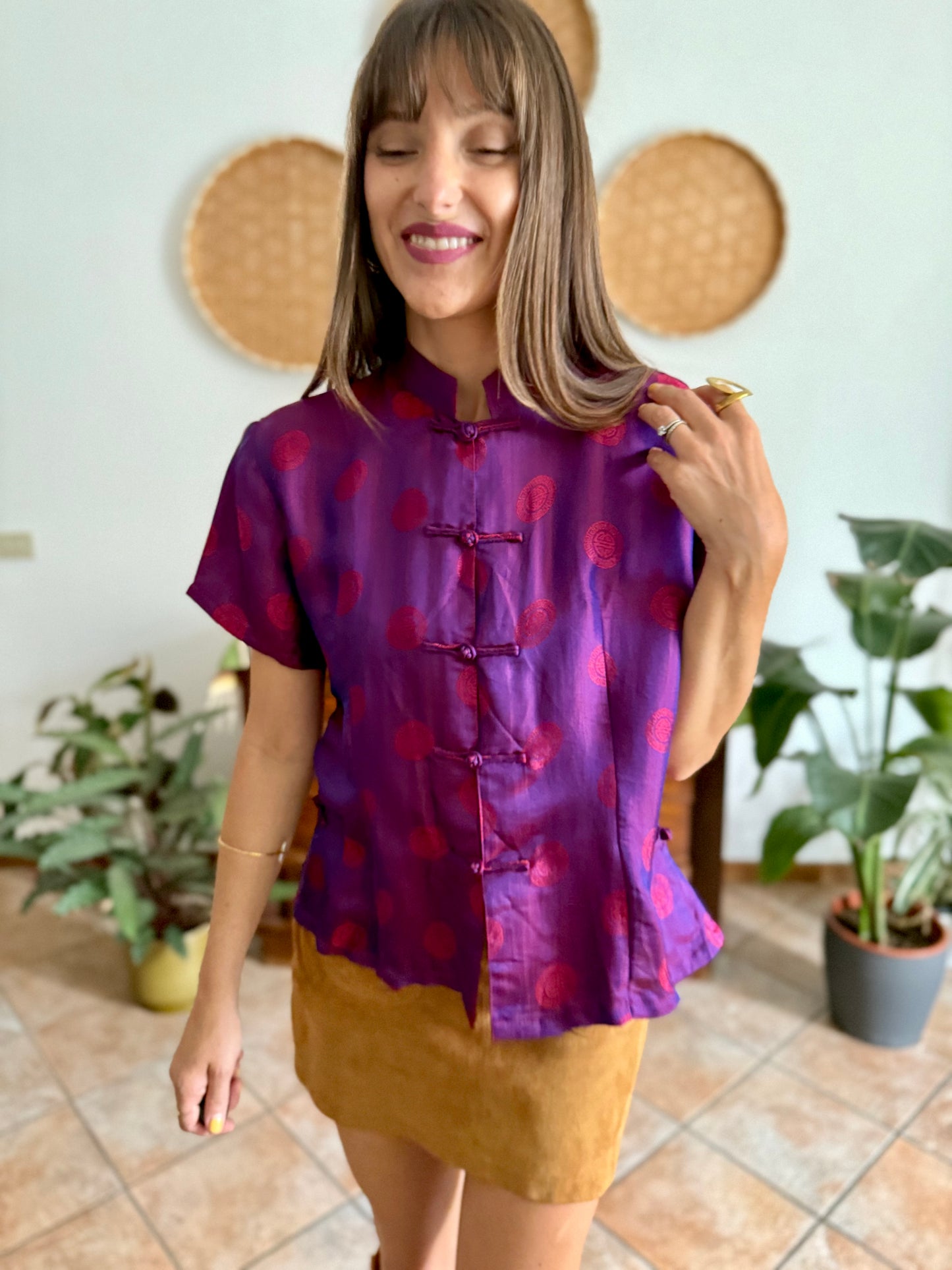 1990's vintage purple and fuchsia iridescent silk Vietnamese blouse