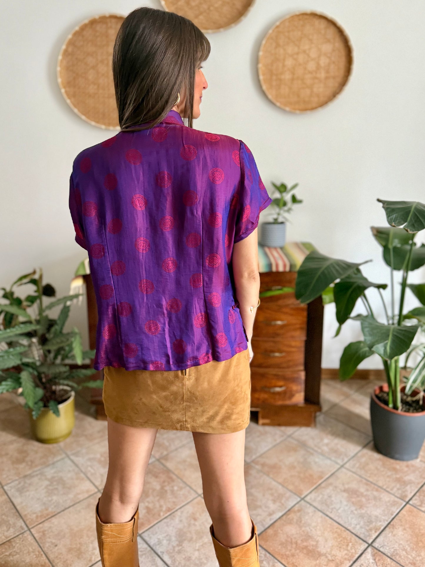1990's vintage purple and fuchsia iridescent silk Vietnamese blouse