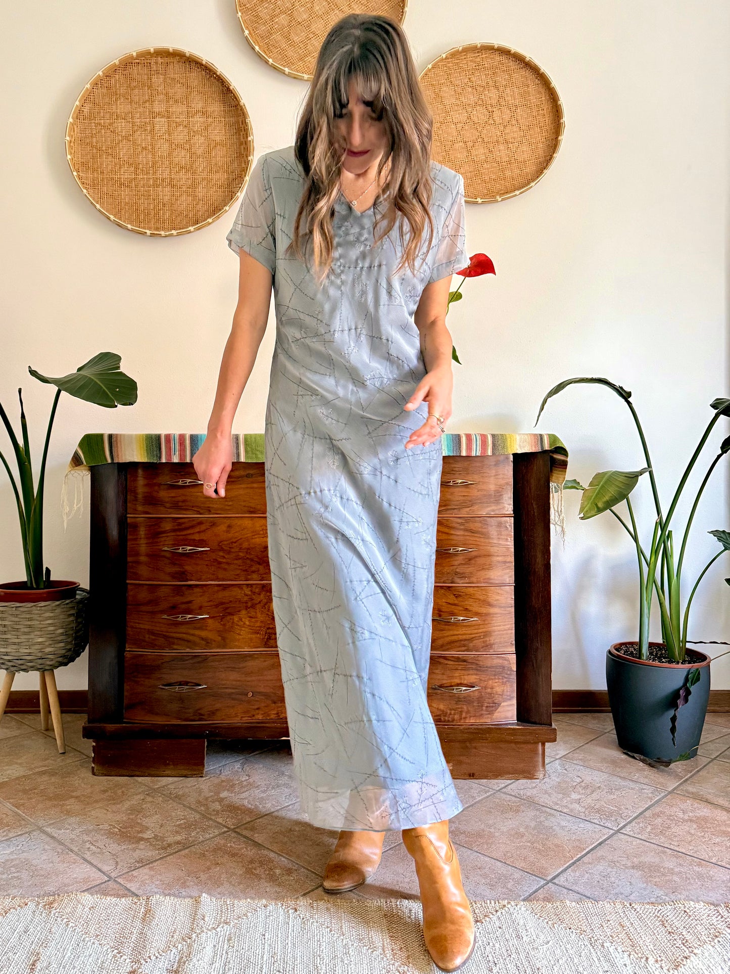 1990's vintage silver textured maxi dress with cherry blossom pattern