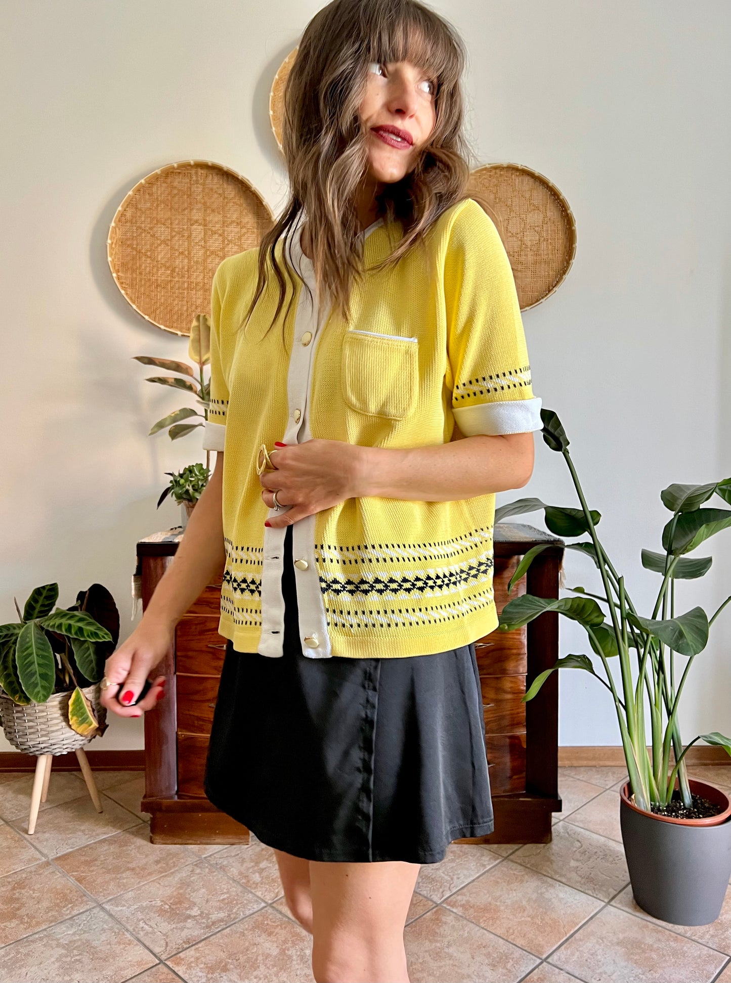 1980's vintage yellow short sleeve knit cardigan with black and white knit pattern