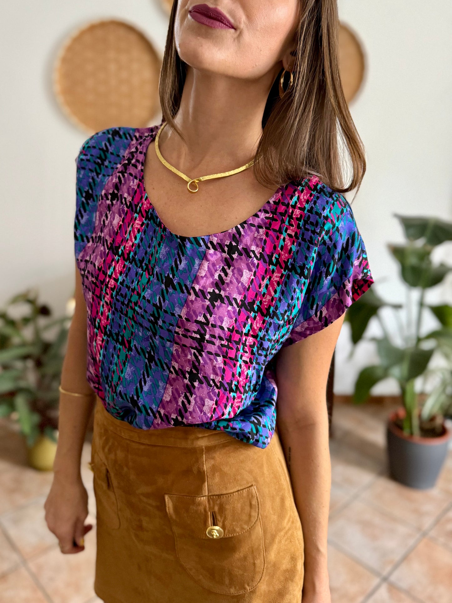 1970's vintage fuchsia, blue and purple silk plaid blouse