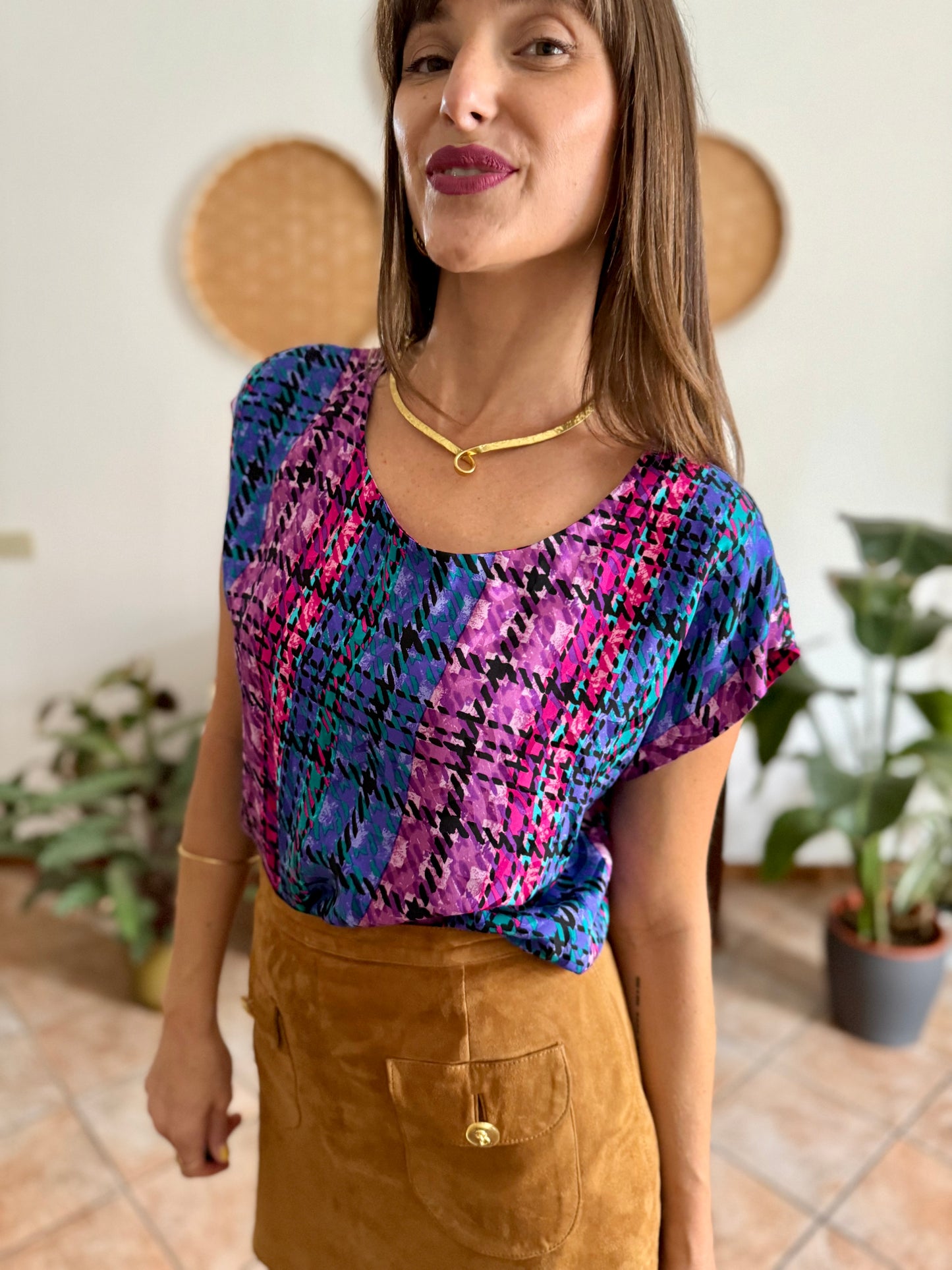1970's vintage fuchsia, blue and purple silk plaid blouse