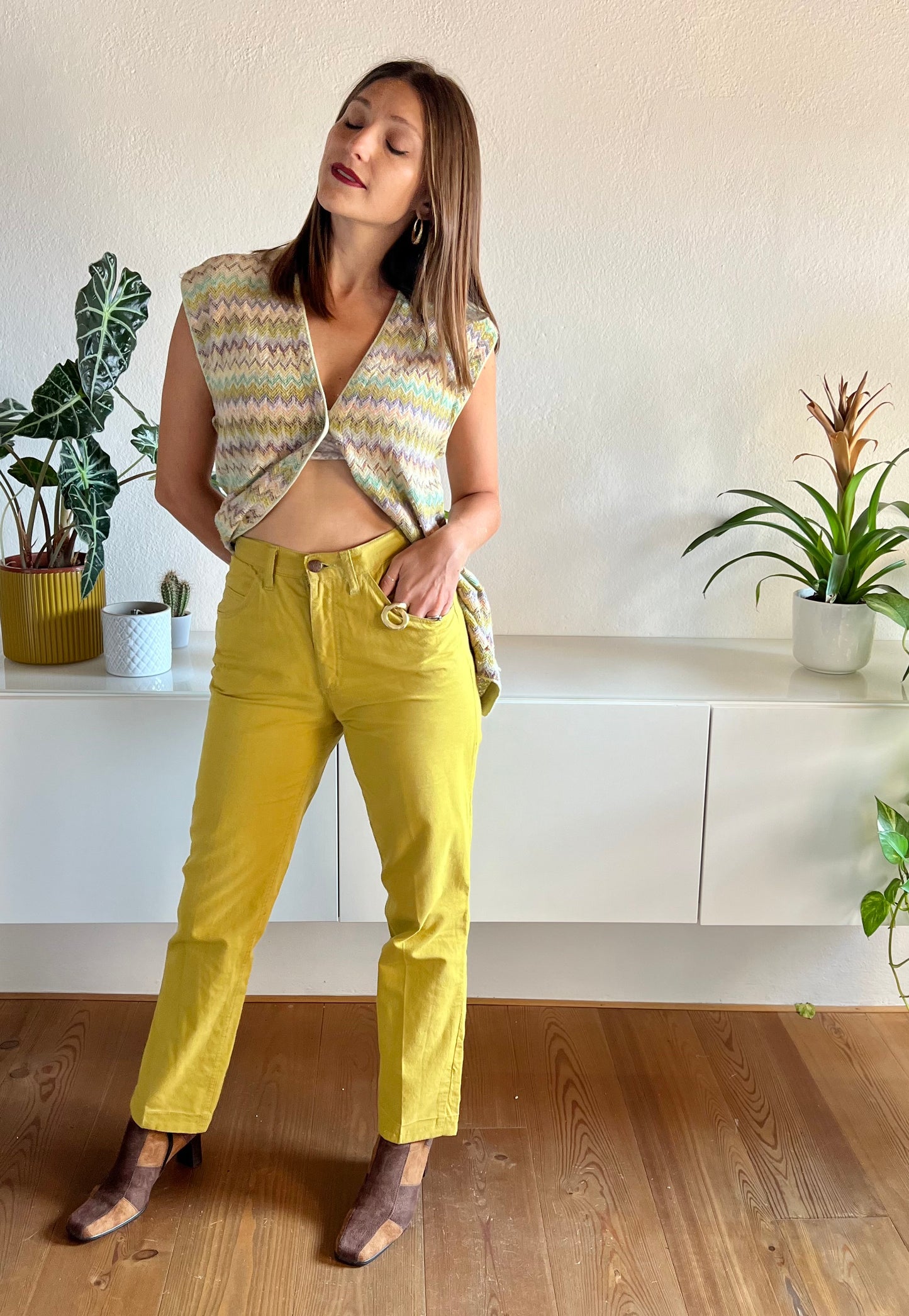 Pantaloni chartreuse vintage a vita alta anni '70