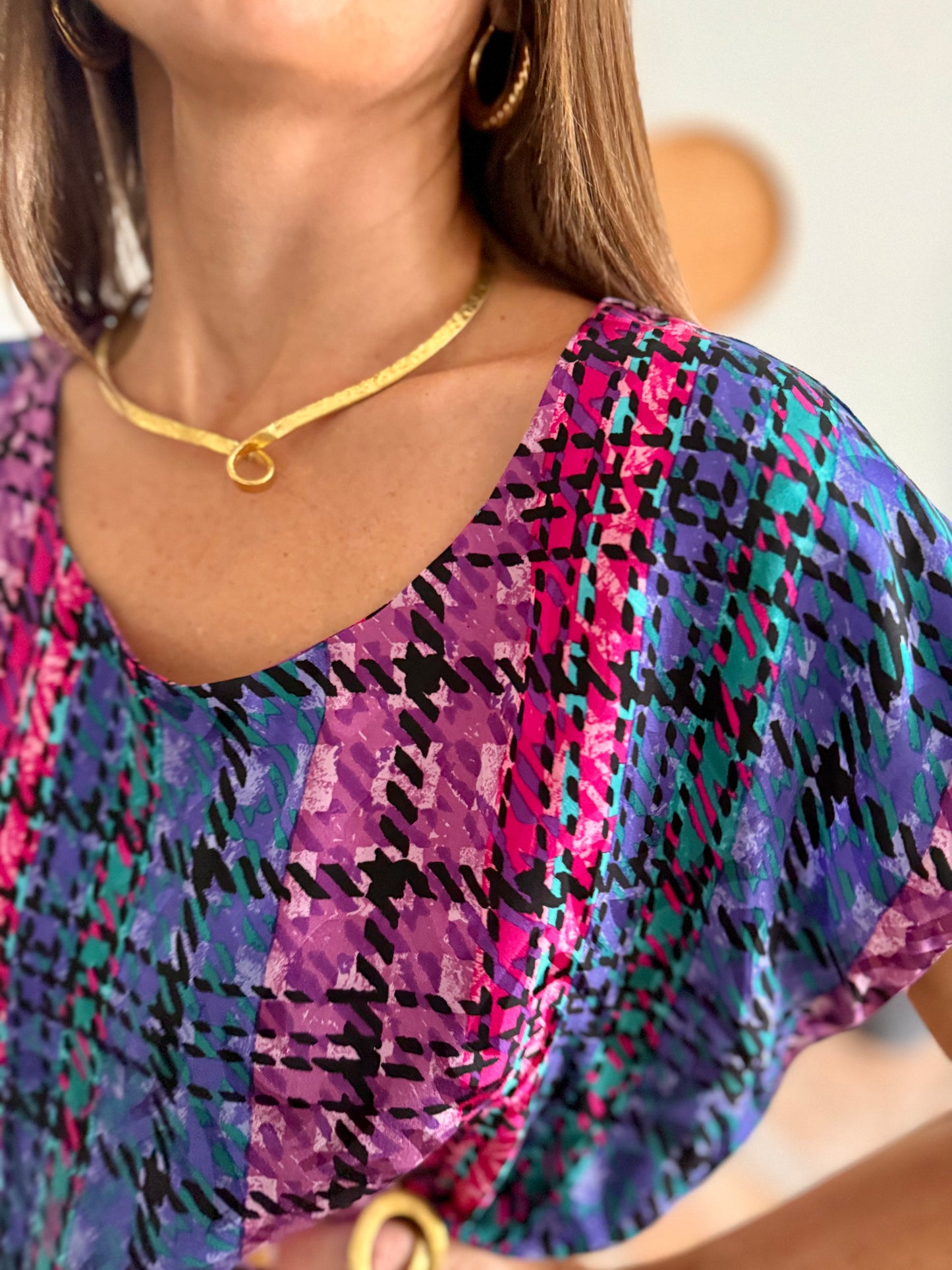1970's vintage fuchsia, blue and purple silk plaid blouse