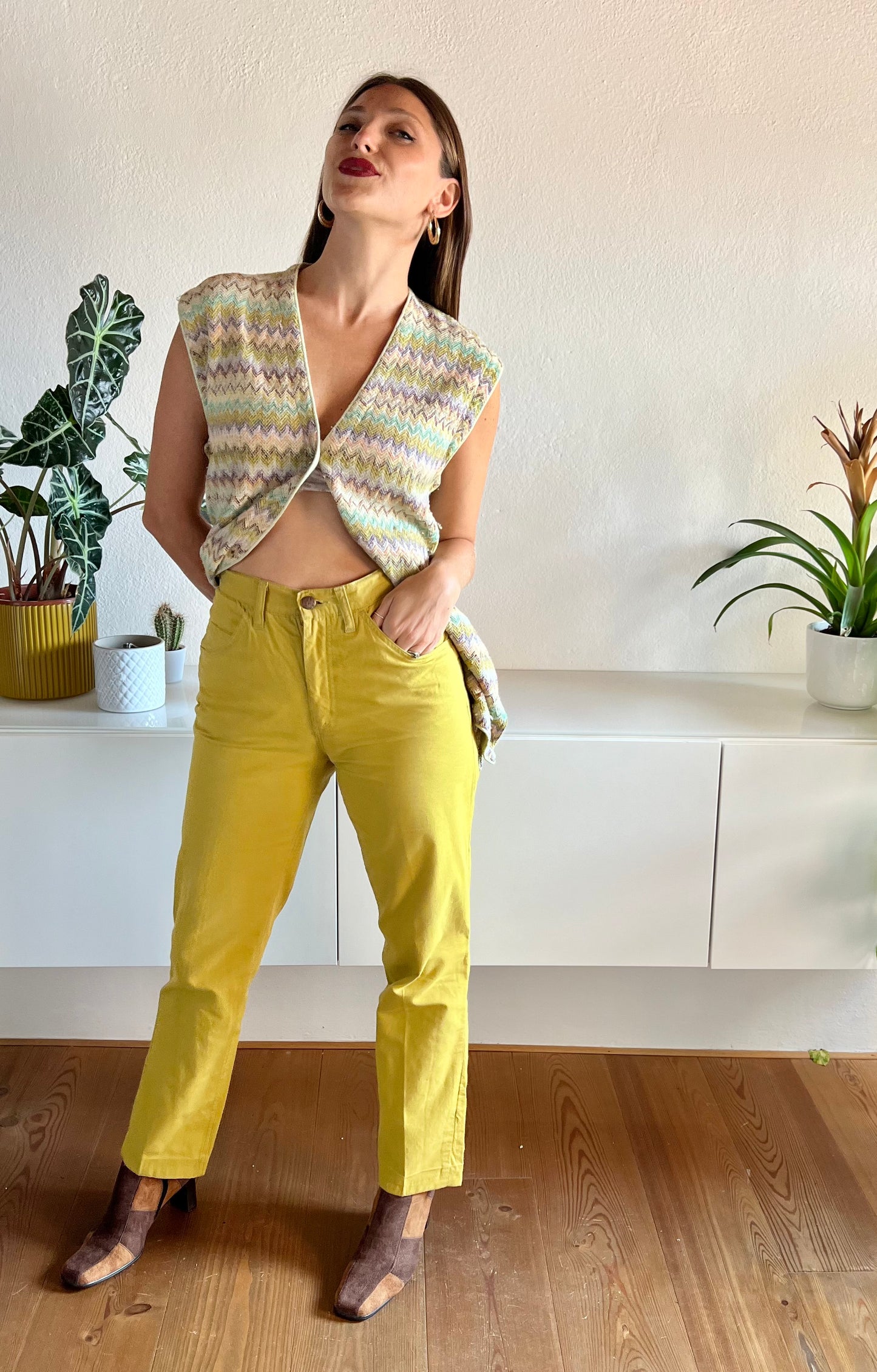 Pantaloni chartreuse vintage a vita alta anni '70