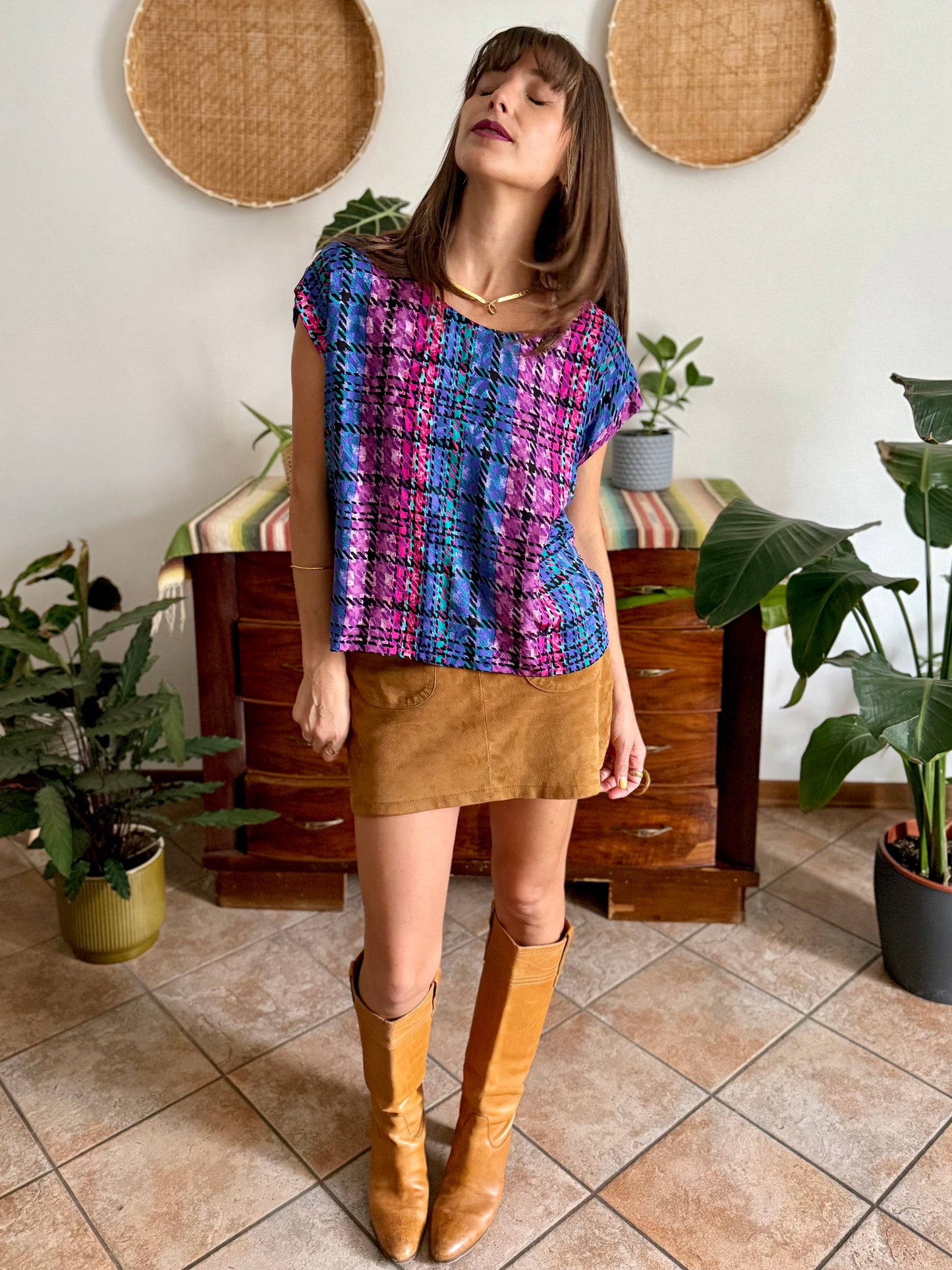 1970's vintage fuchsia, blue and purple silk plaid blouse