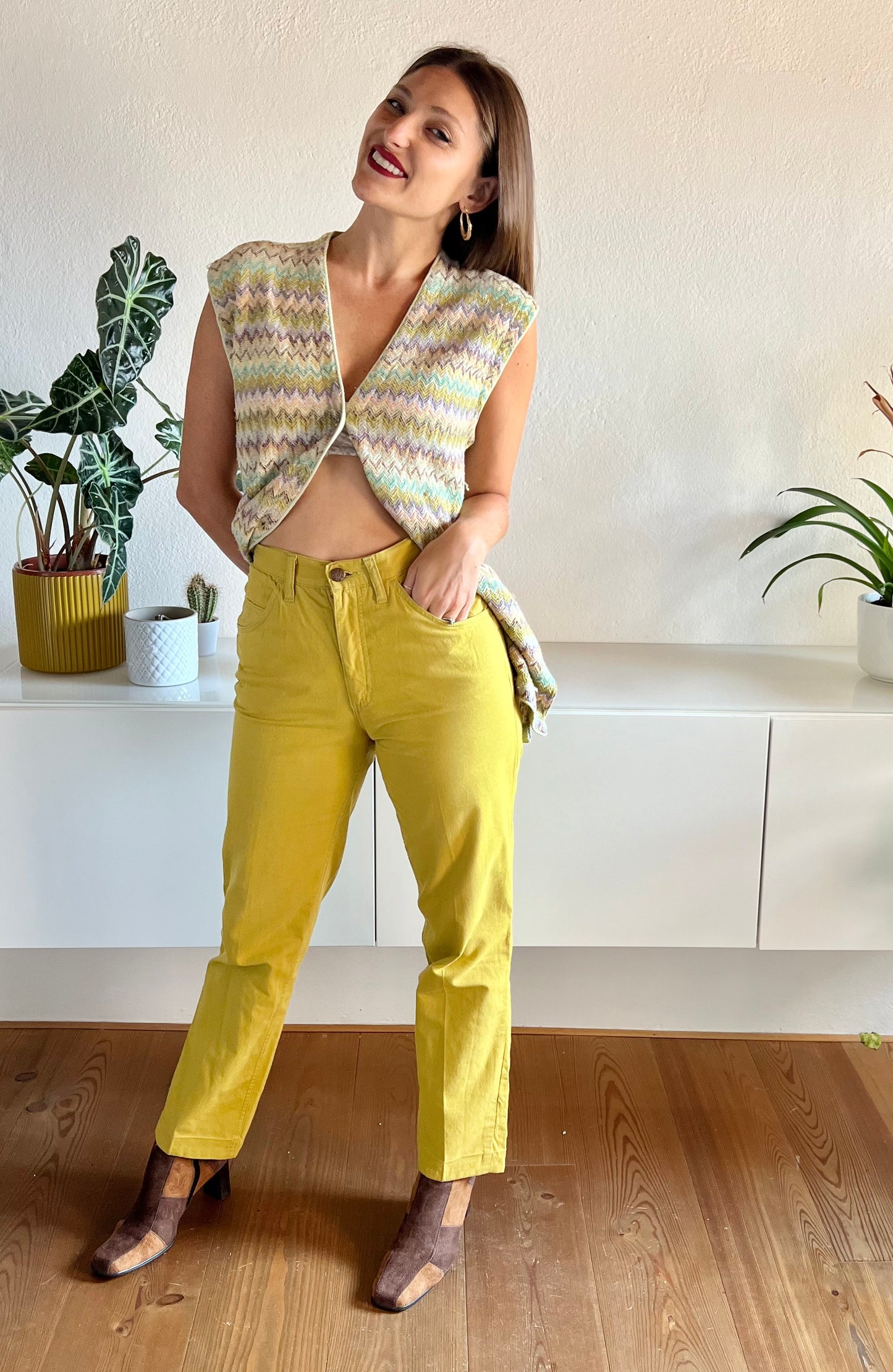 Pantaloni chartreuse vintage a vita alta anni '70