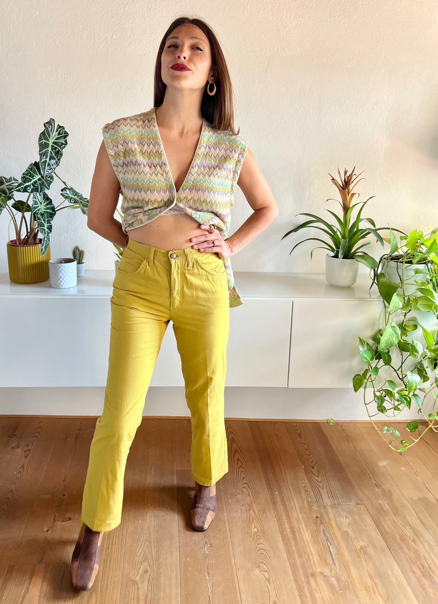 Pantaloni chartreuse vintage a vita alta anni '70