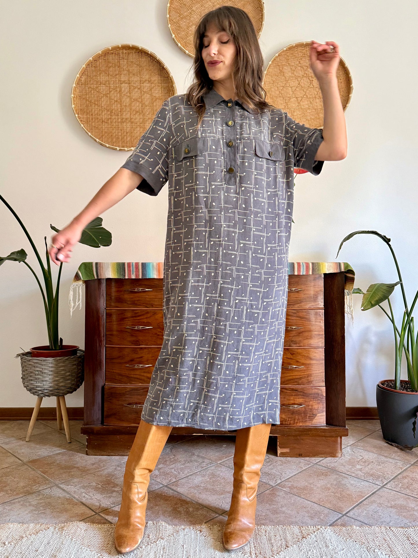 1970's vintage grey and beige abstract print maxi dress