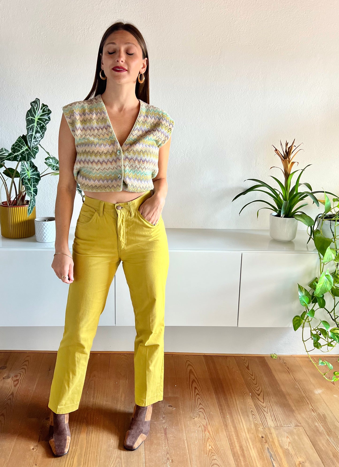 Pantaloni chartreuse vintage a vita alta anni '70