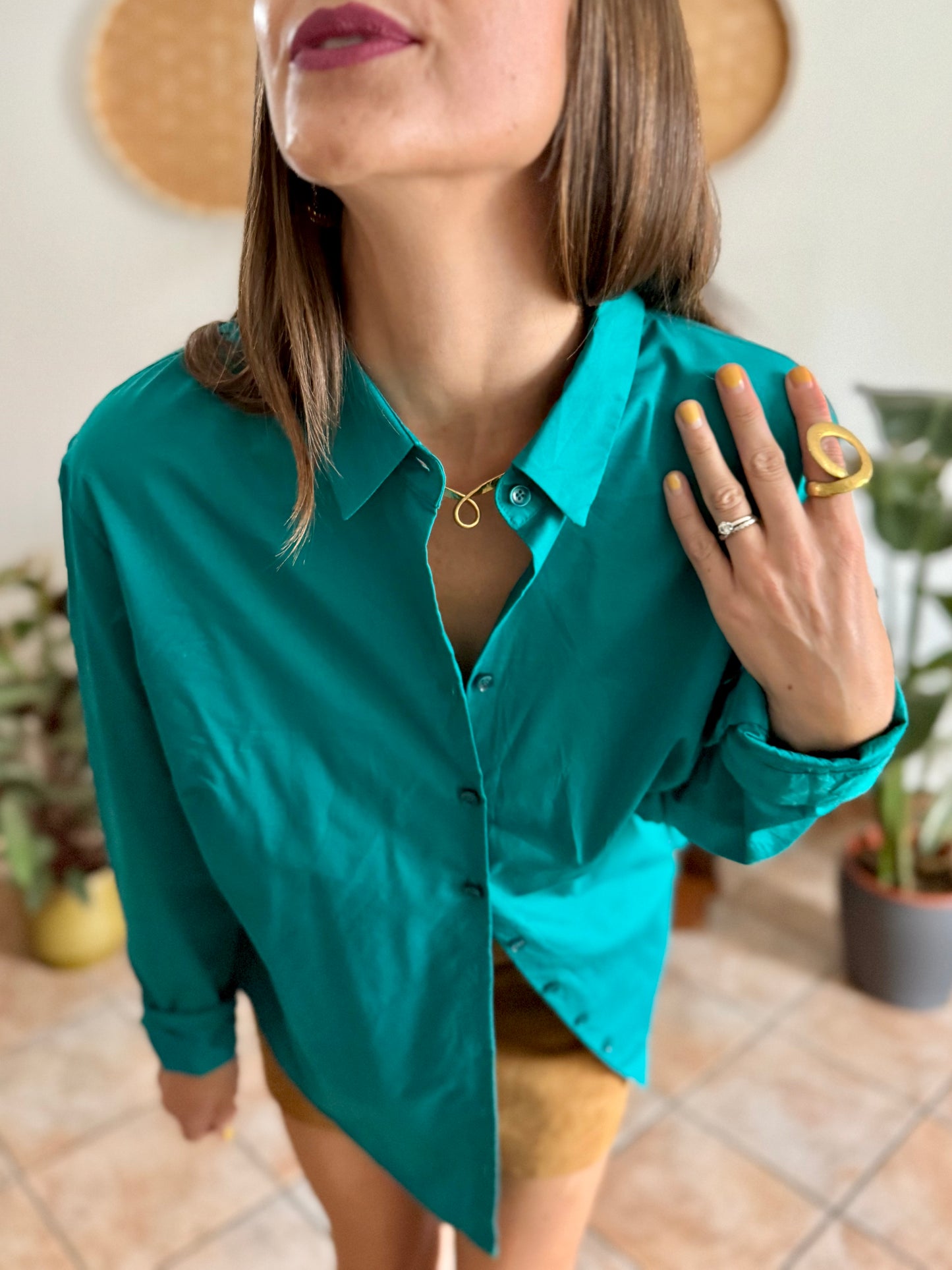 1990's vintage turquoise shirt with iridescent turquoise buttons