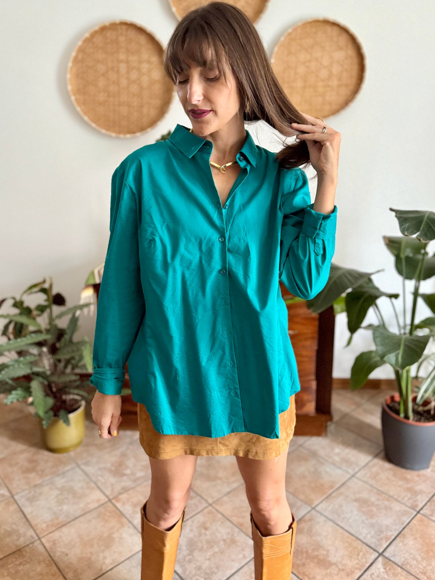 1990's vintage turquoise shirt with iridescent turquoise buttons