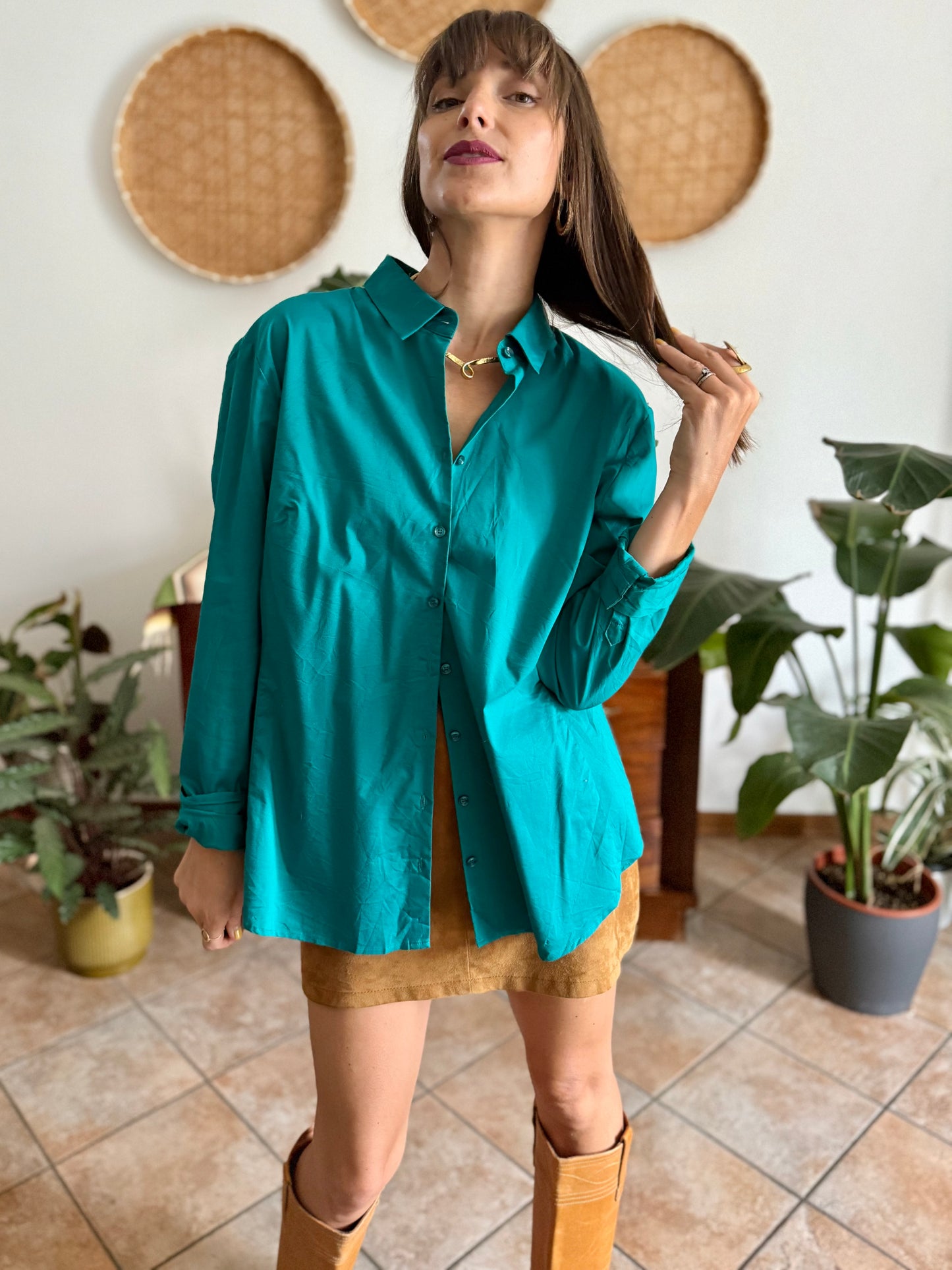 1990's vintage turquoise shirt with iridescent turquoise buttons