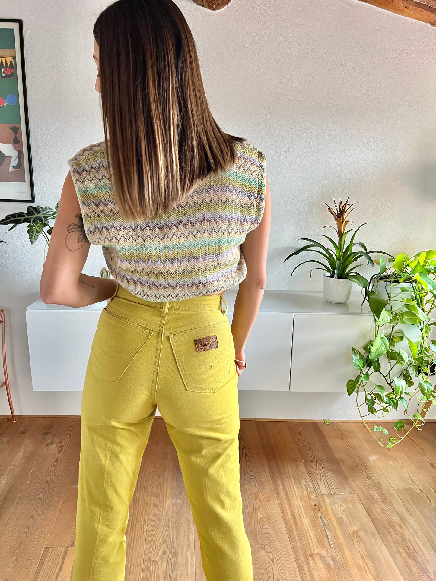 Pantaloni chartreuse vintage a vita alta anni '70