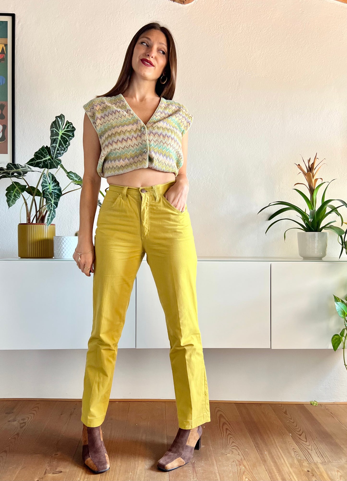 Pantaloni chartreuse vintage a vita alta anni '70