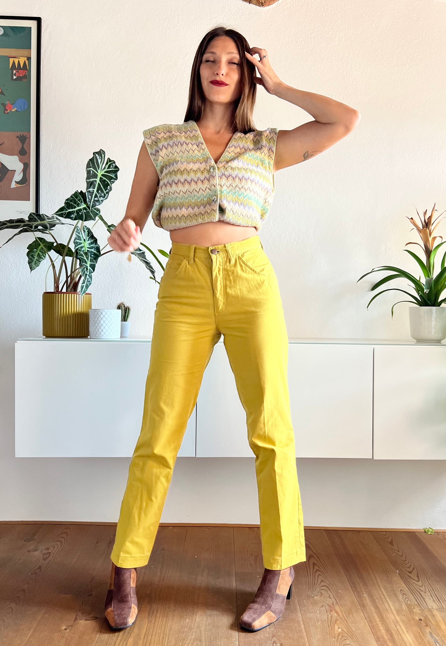 Pantaloni chartreuse vintage a vita alta anni '70