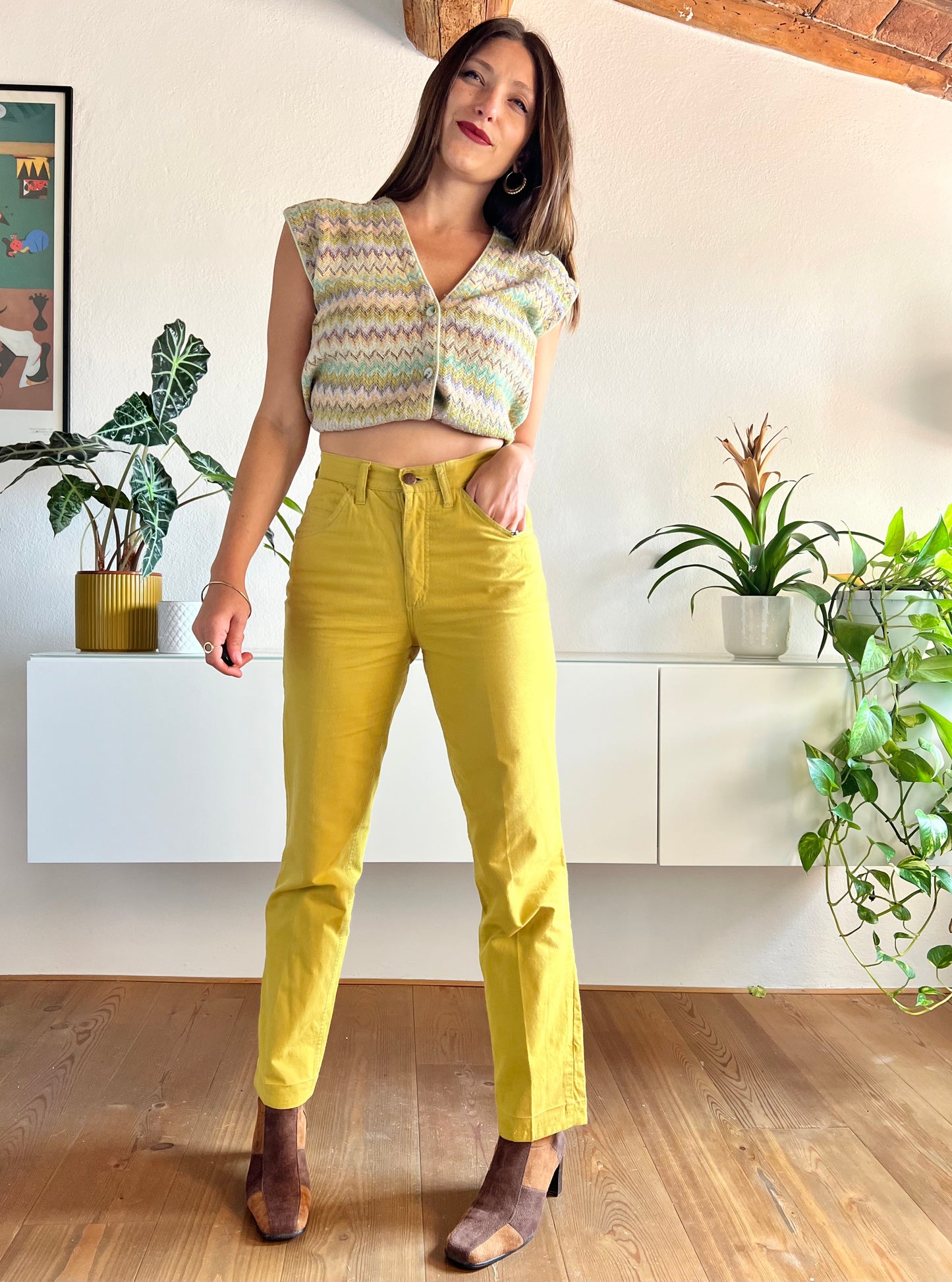 Pantaloni chartreuse vintage a vita alta anni '70
