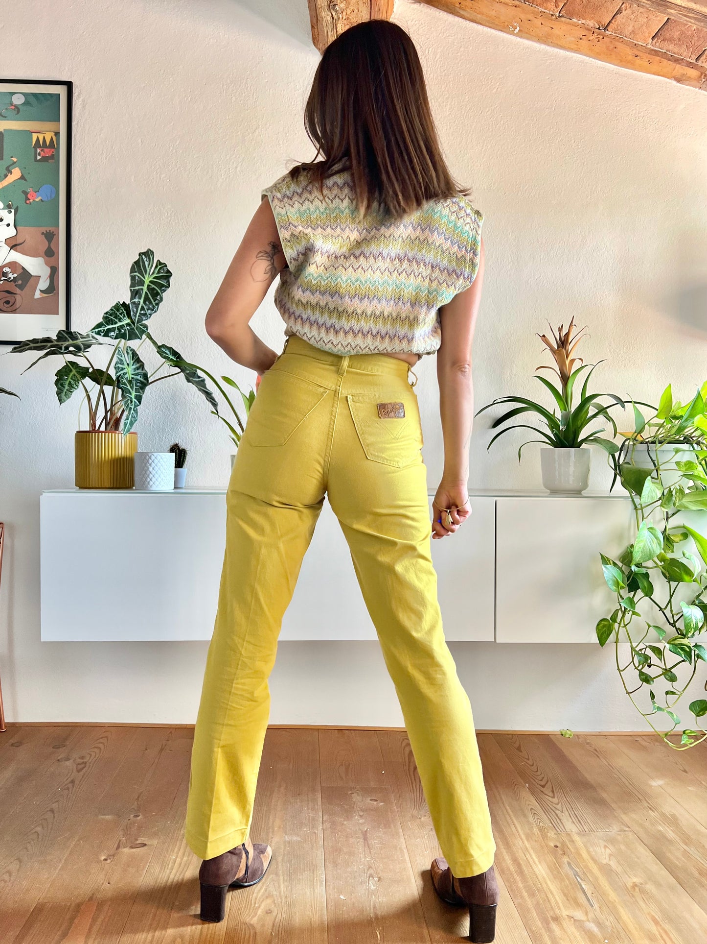 Pantaloni chartreuse vintage a vita alta anni '70