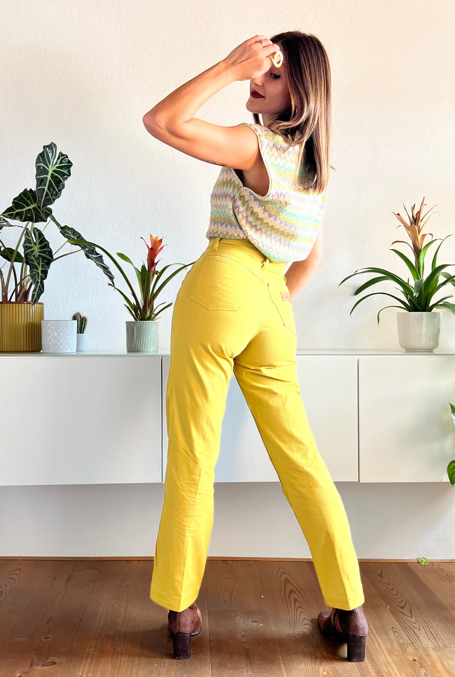 Pantaloni chartreuse vintage a vita alta anni '70