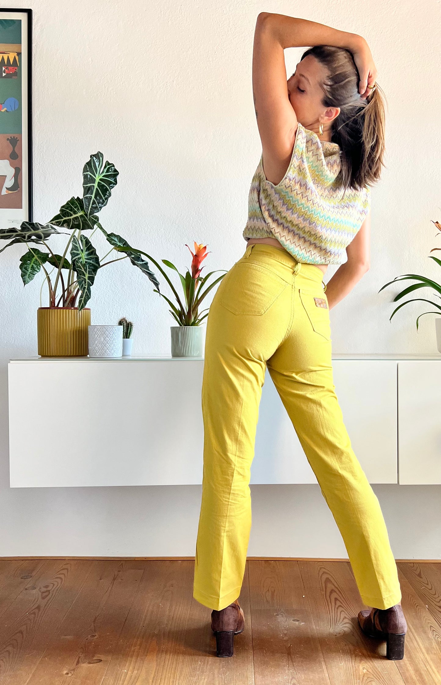 Pantaloni chartreuse vintage a vita alta anni '70