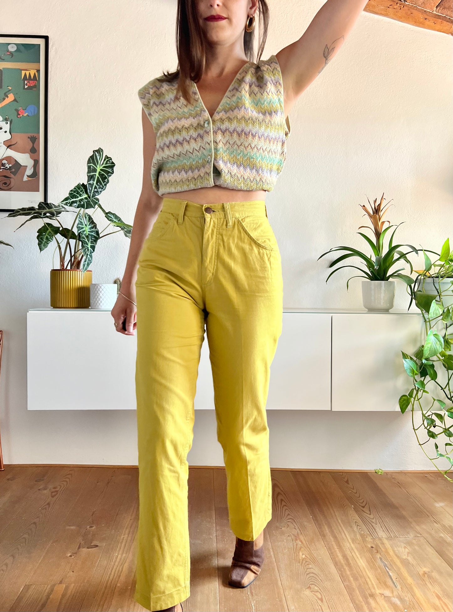 Pantaloni chartreuse vintage a vita alta anni '70