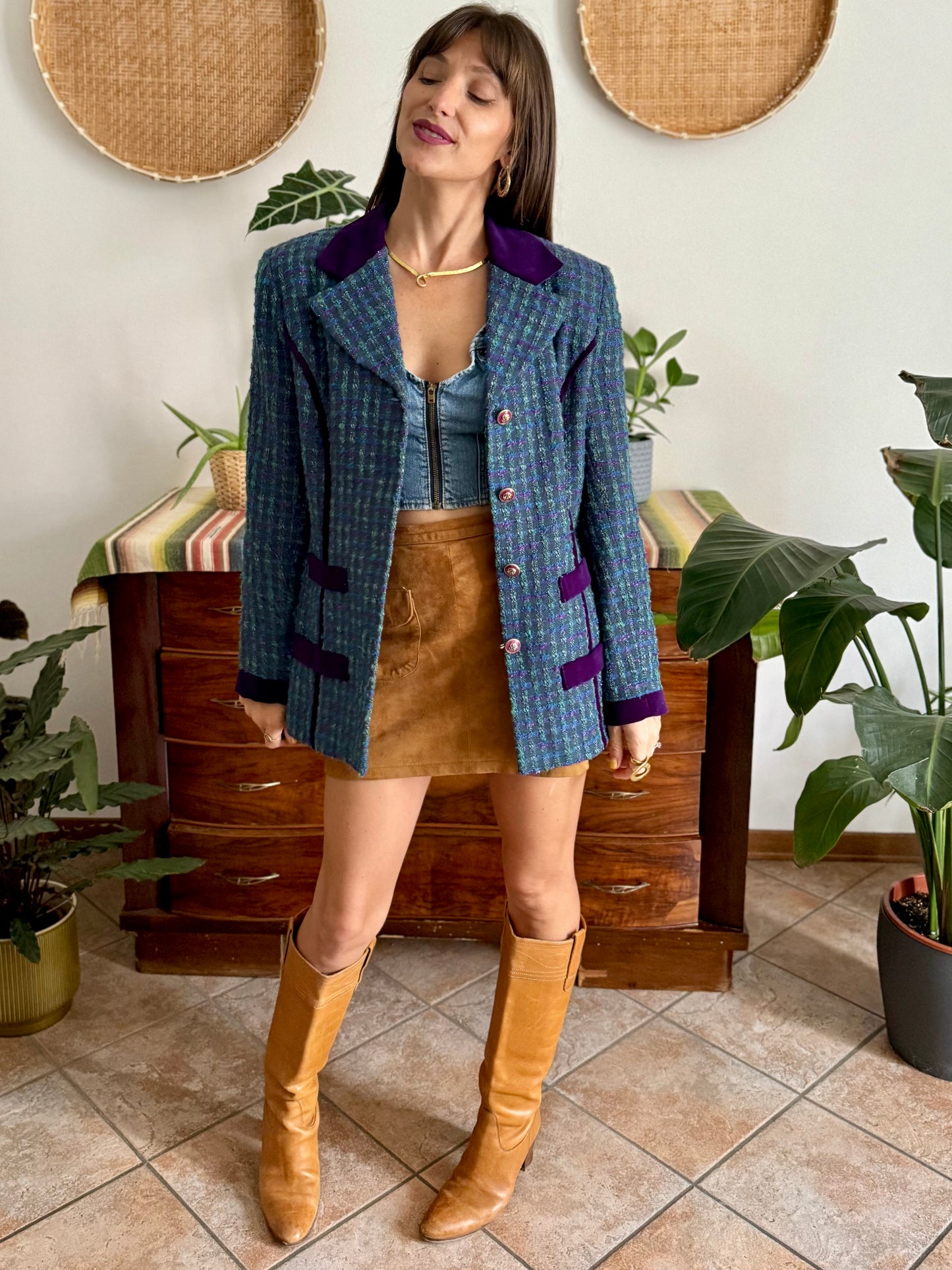 1970's vintage wool blend turquoise and purple plaid boucle blazer