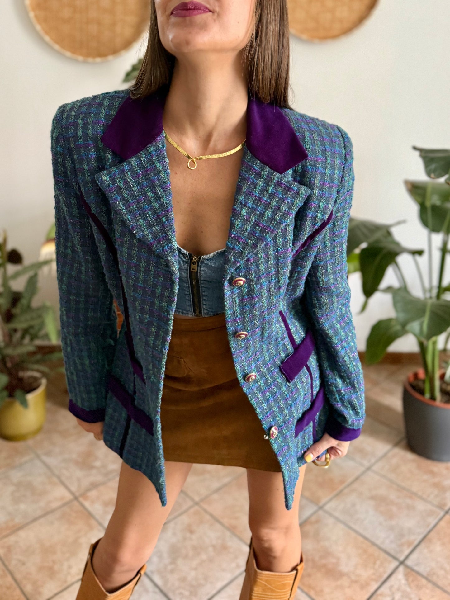 1970's vintage wool blend turquoise and purple plaid boucle blazer